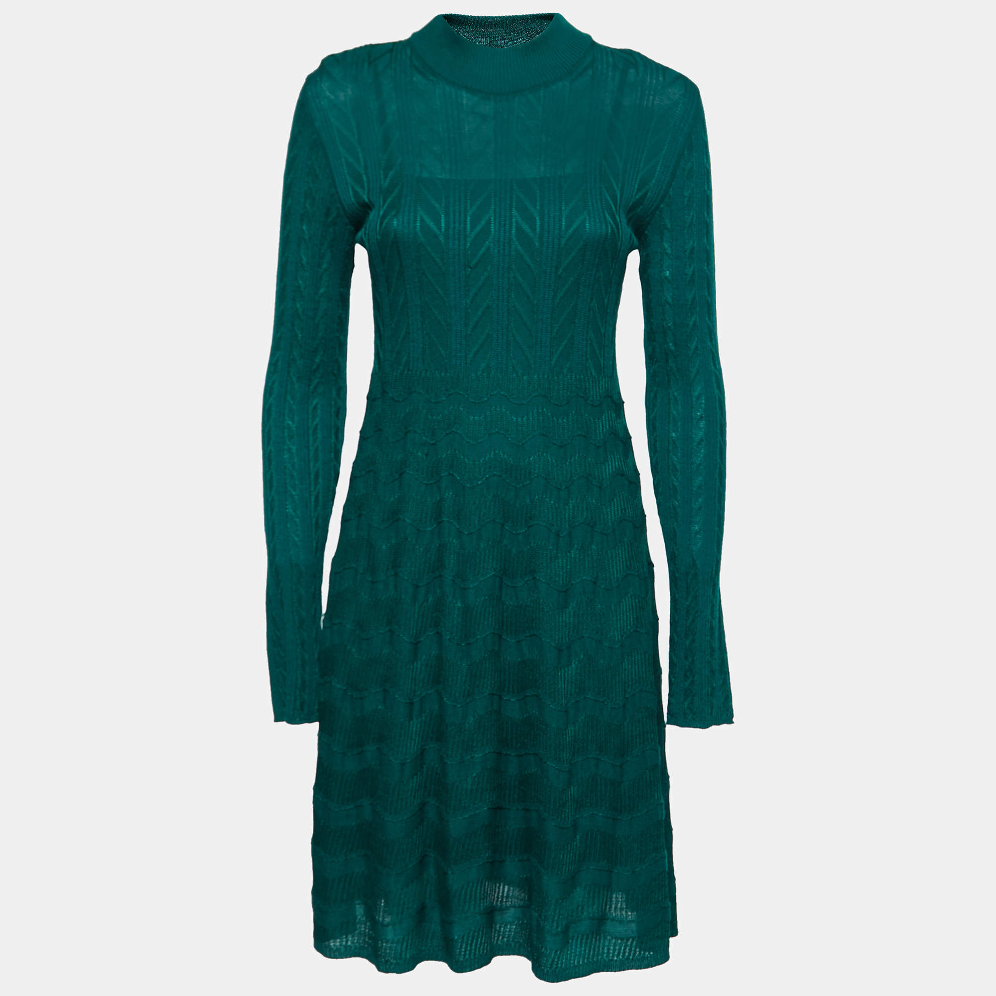Pre Owned M Missoni Green Patterned Knit High Neck Long Sleeve Midi Dress M