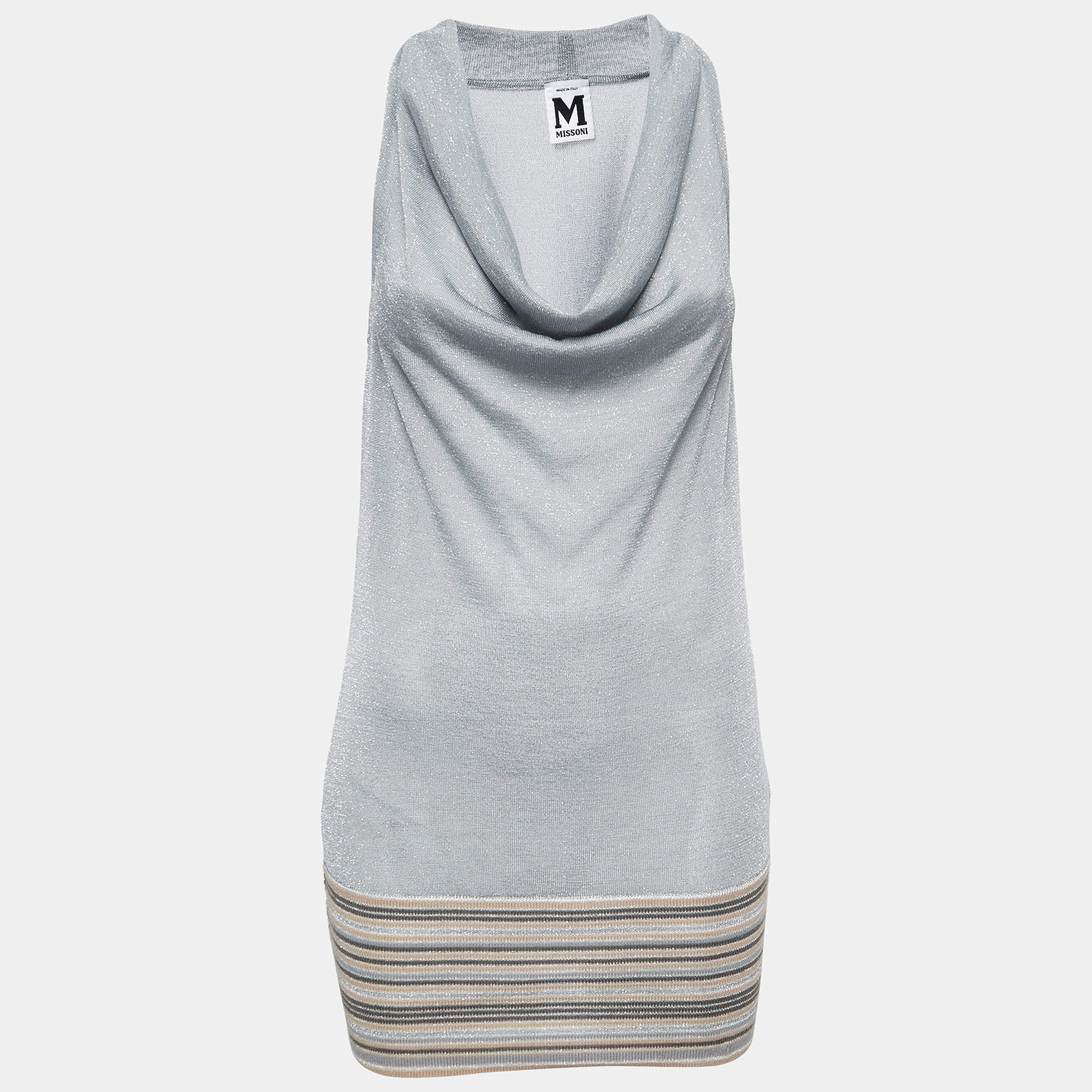 مملوكة مسبقًا M Missoni Silver Knit Cowl Neck Sleeveless Top S
