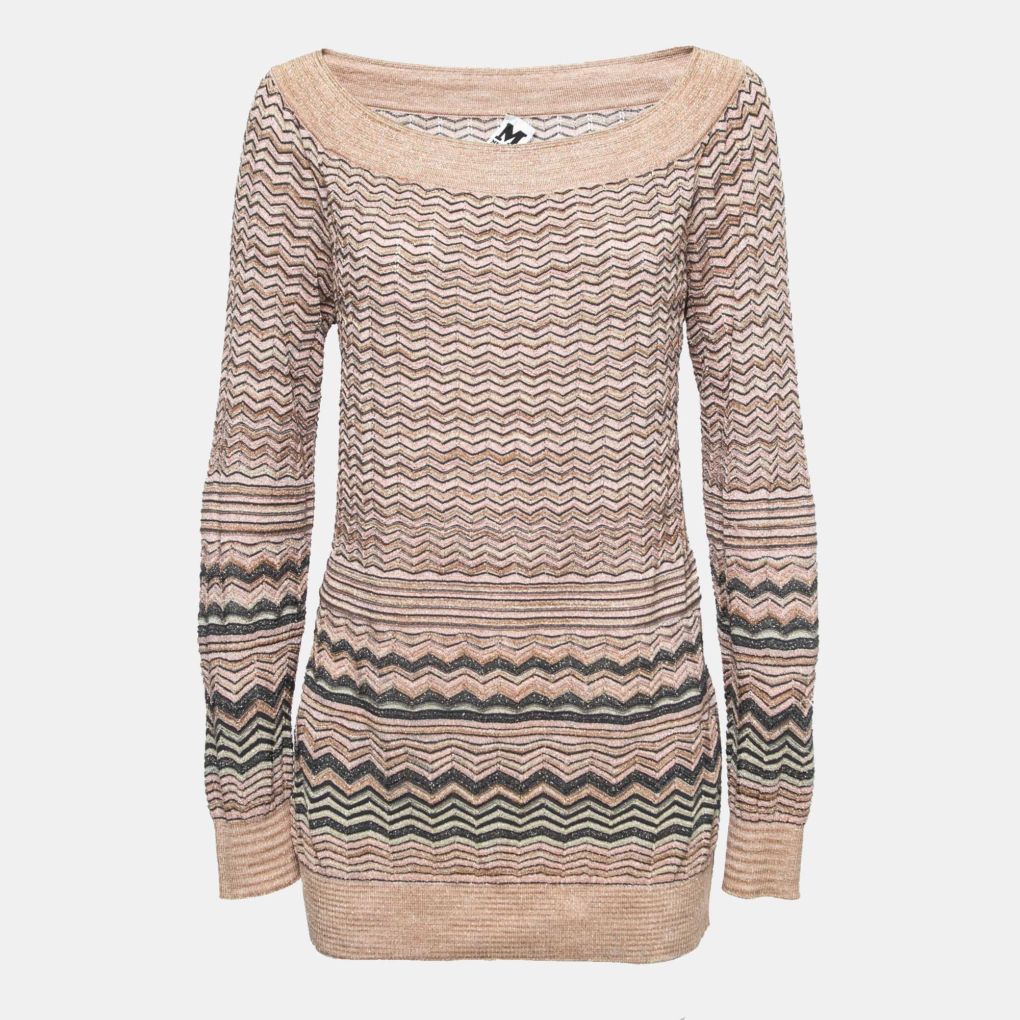Pre Owned M Missoni Multicolor Chevron Patterned Lurex Knit Long Sleeve Top L