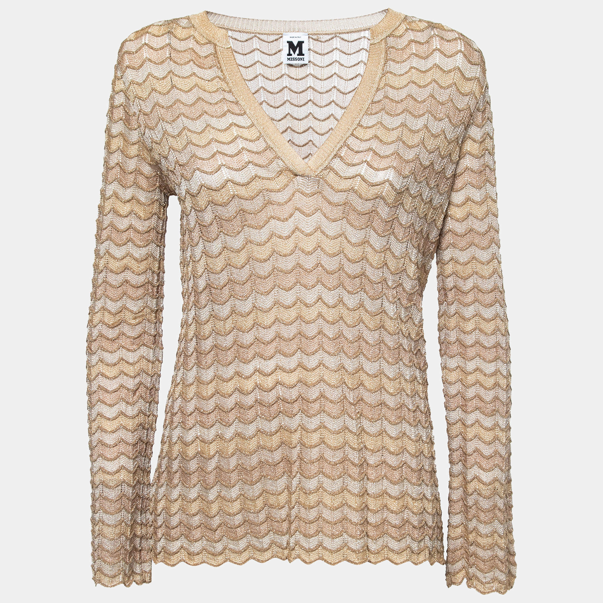 Pre Owned M Missoni Gold Scalloped Patterned Lurex Knit Top M