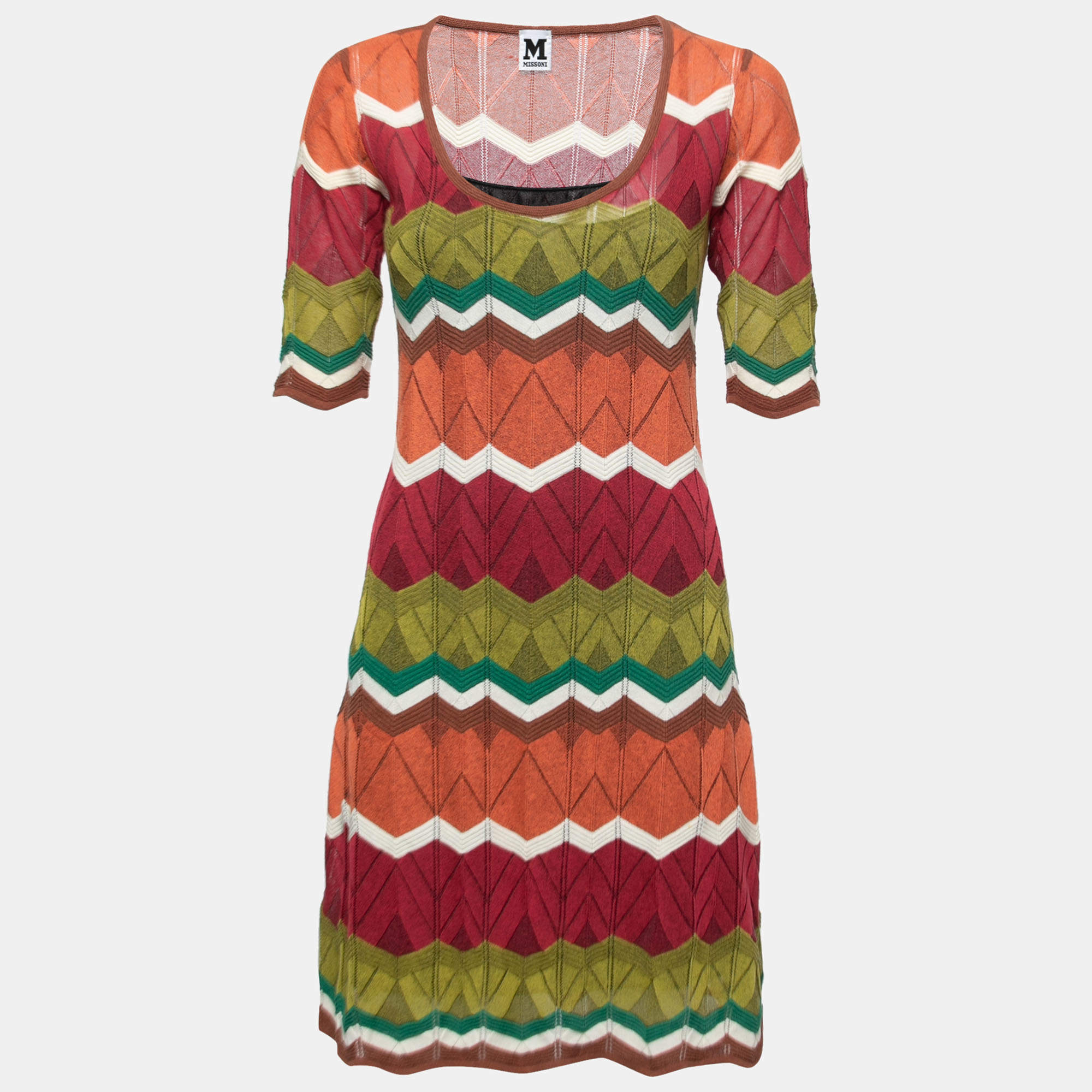 Pre Owned M Missoni Multicolor Chevron Patterned Knit Flared Dress M