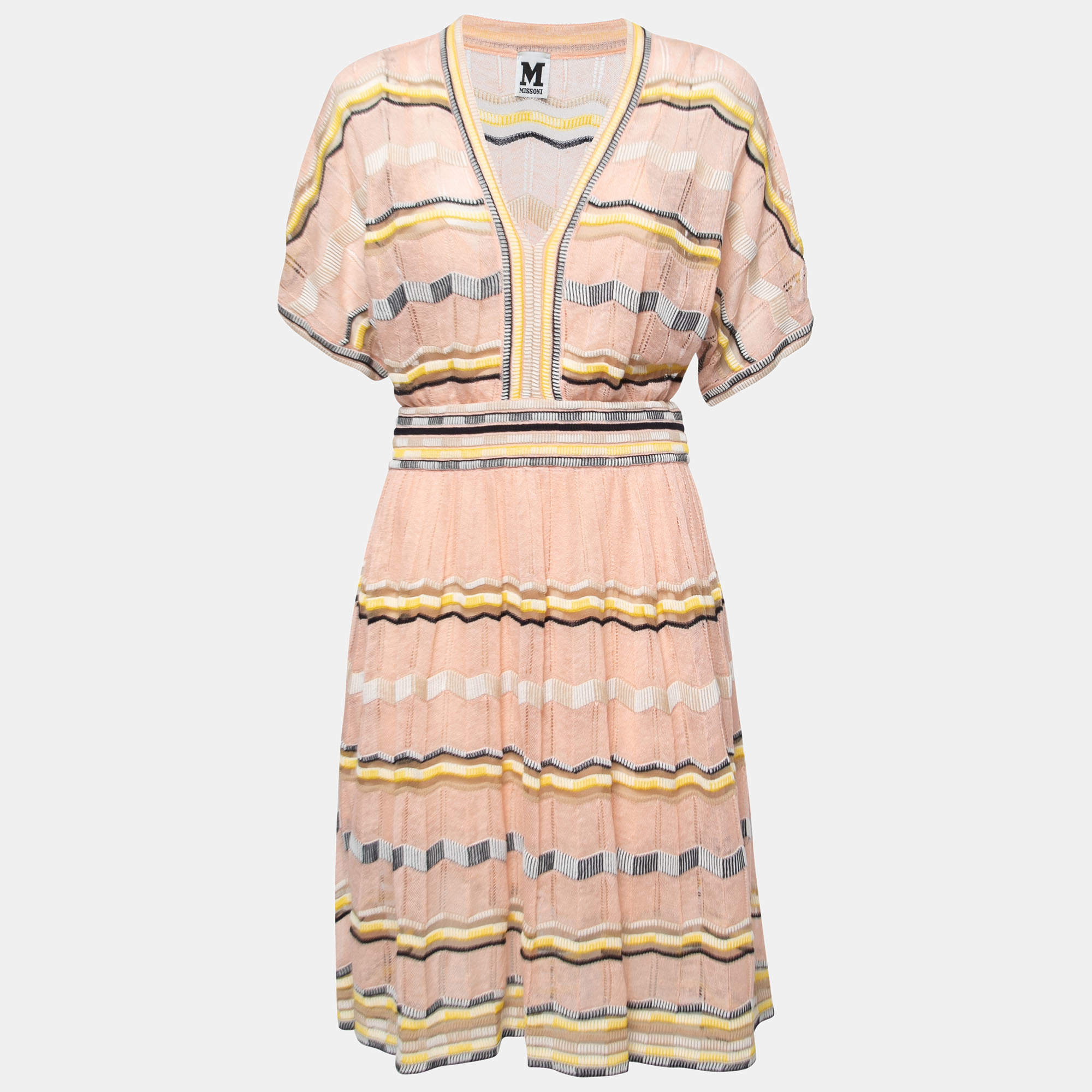 Pre Owned M Missoni Pink/Multicolor Patterned Crochet Knit V-Neck Short Dress M