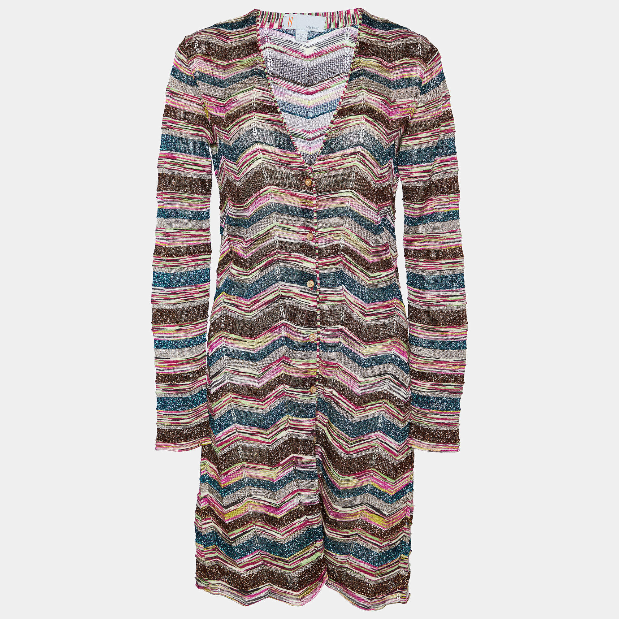 M Missoni Multicolor Zig Zag Pattern Lurex Knit Button Front Coat M