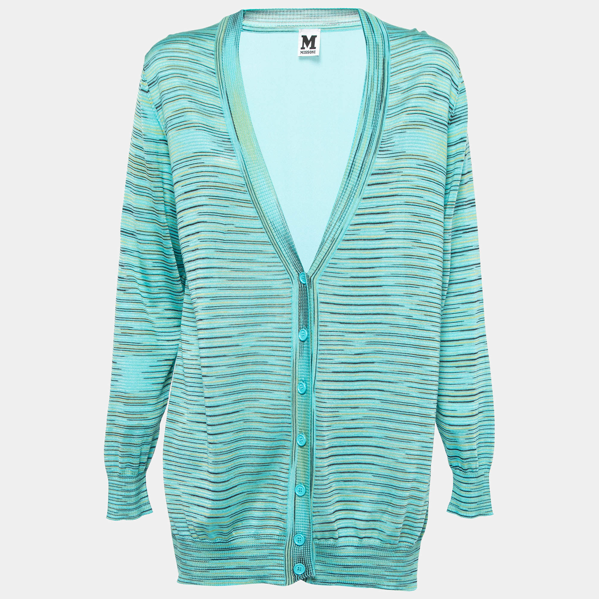 مملوكة مسبقًا M Missoni Blue Patterned Knit Buttoned Cardigan M