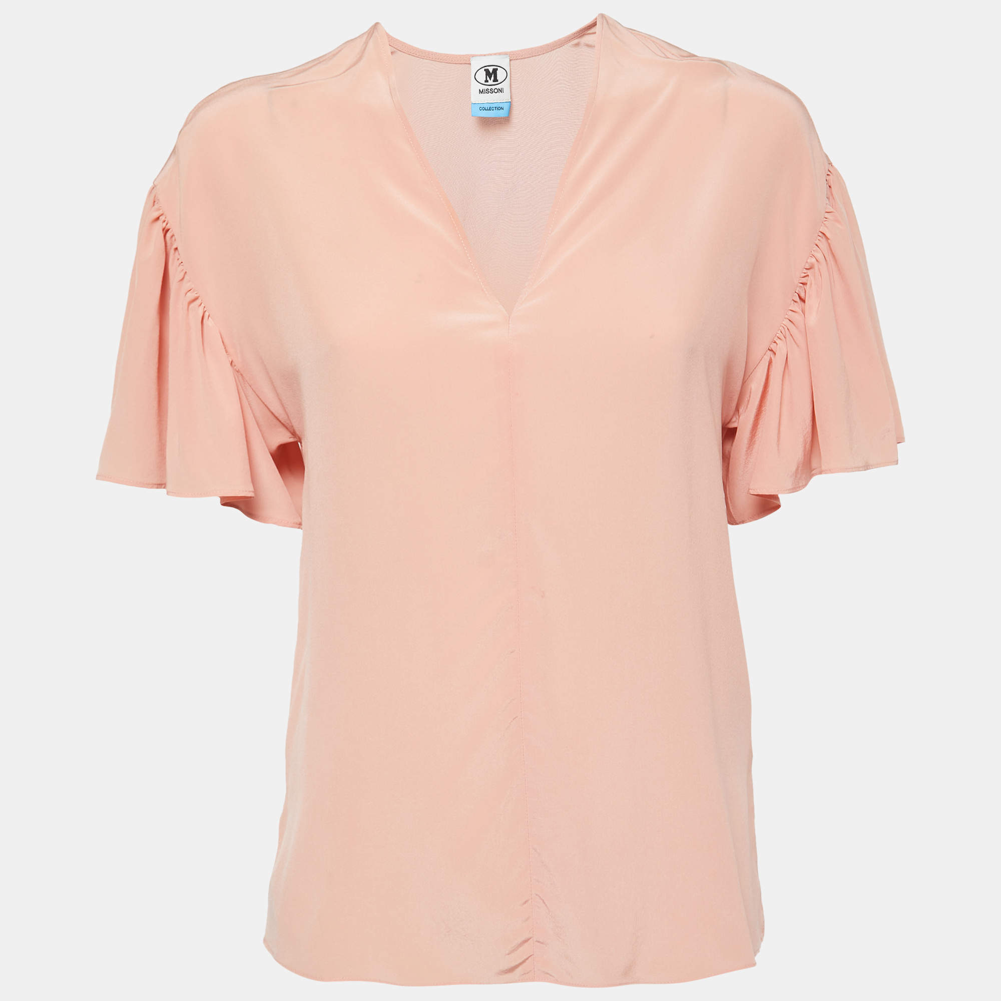 Pre Owned M Missoni Peach Silk V-Neck Short Sleeve Blouse XS
