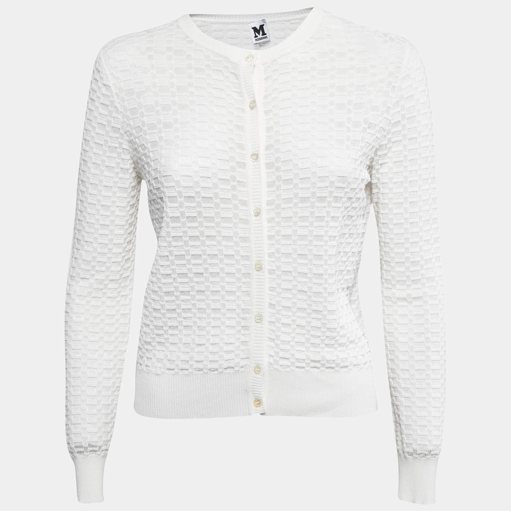 Pre Owned M Missoni White Patterned Knit Button Front Cardigan M
