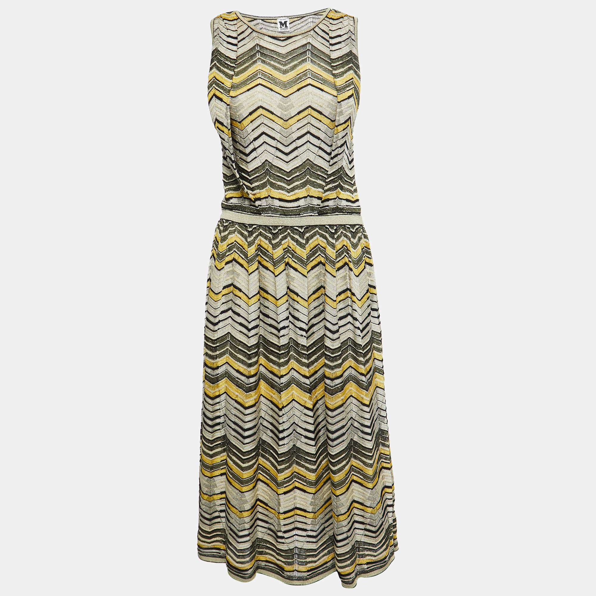 Pre Owned M Missoni Pale Yellow Lurex Chevron Knit Sleeveless Dress M