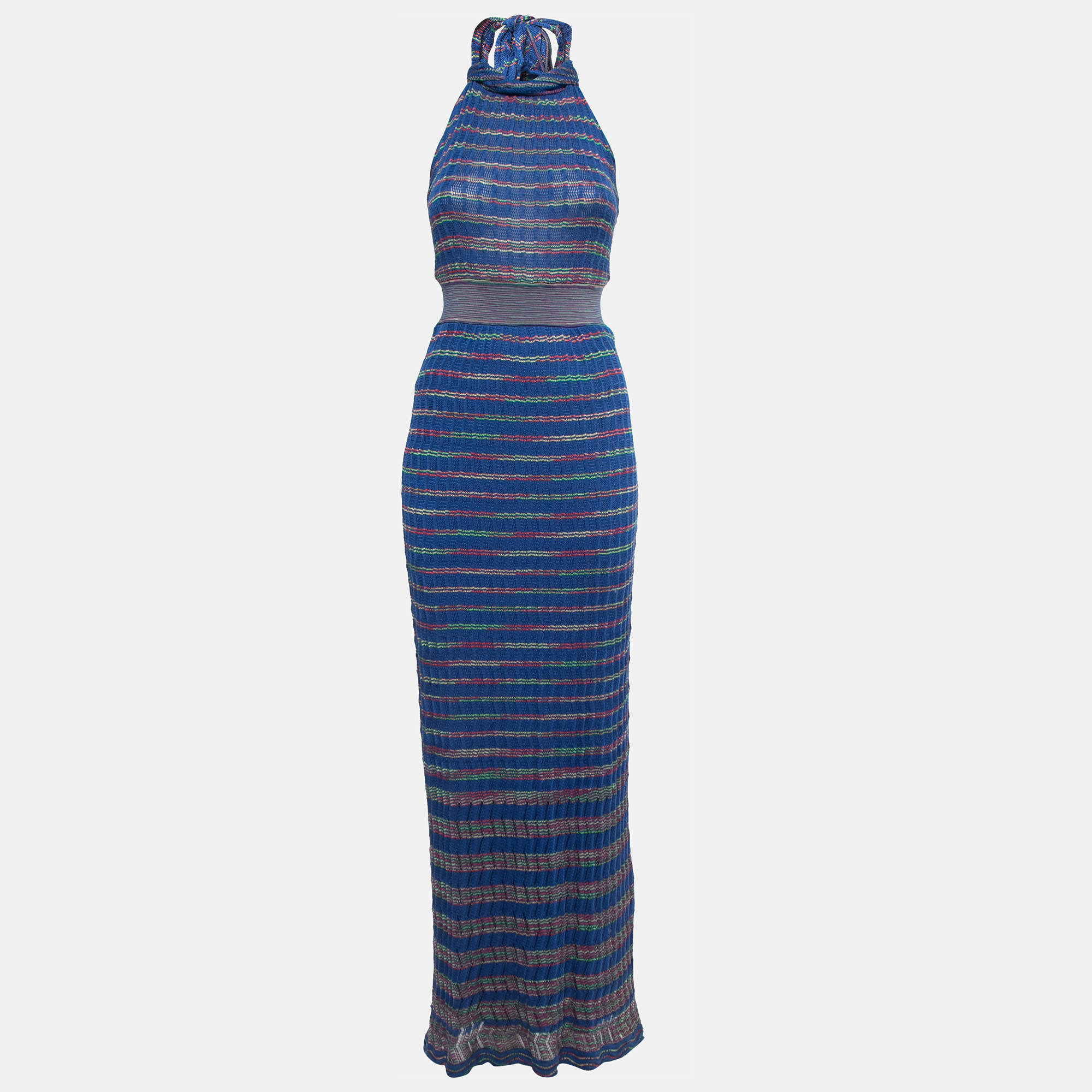Pre Owned M Missoni Blue Knit Halter Neck Back open Maxi Dress S