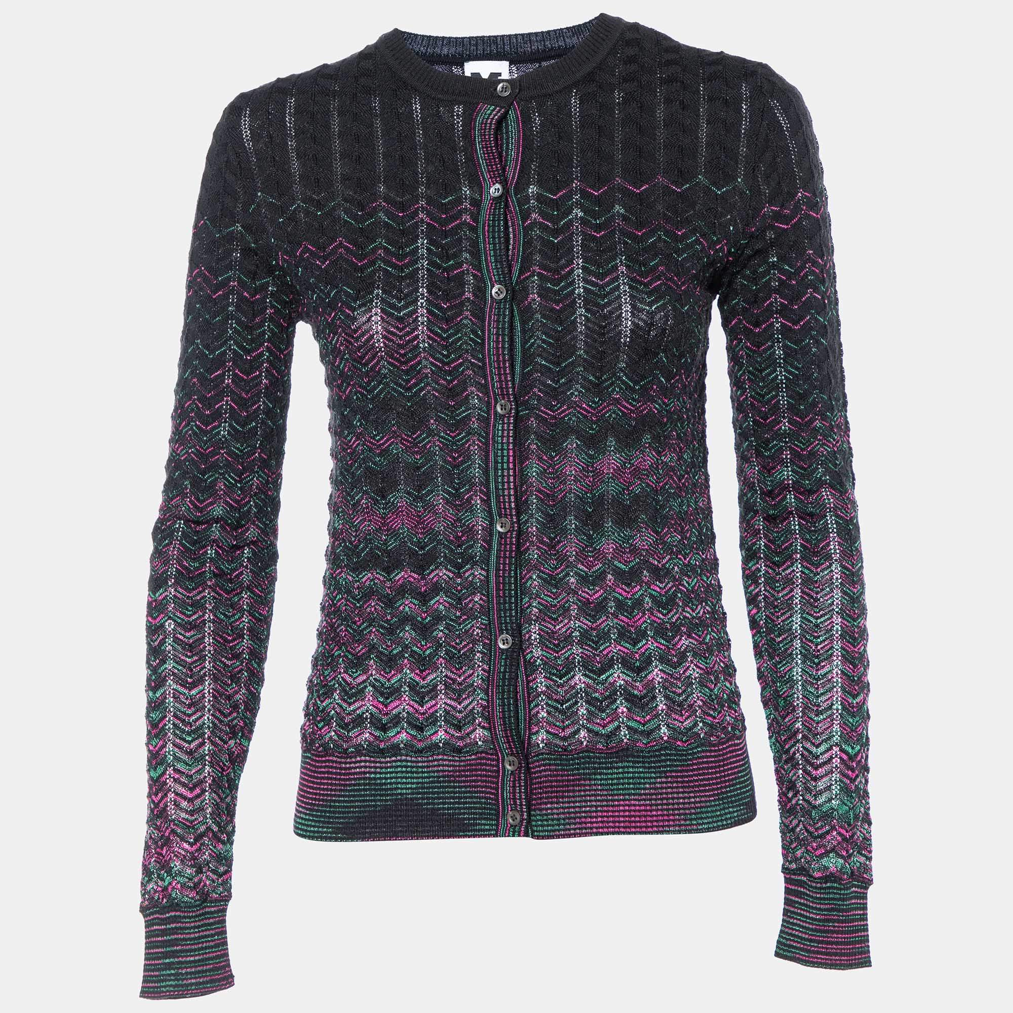 M Missoni Black Cotton Patterned Knit Button Front Cardigan M