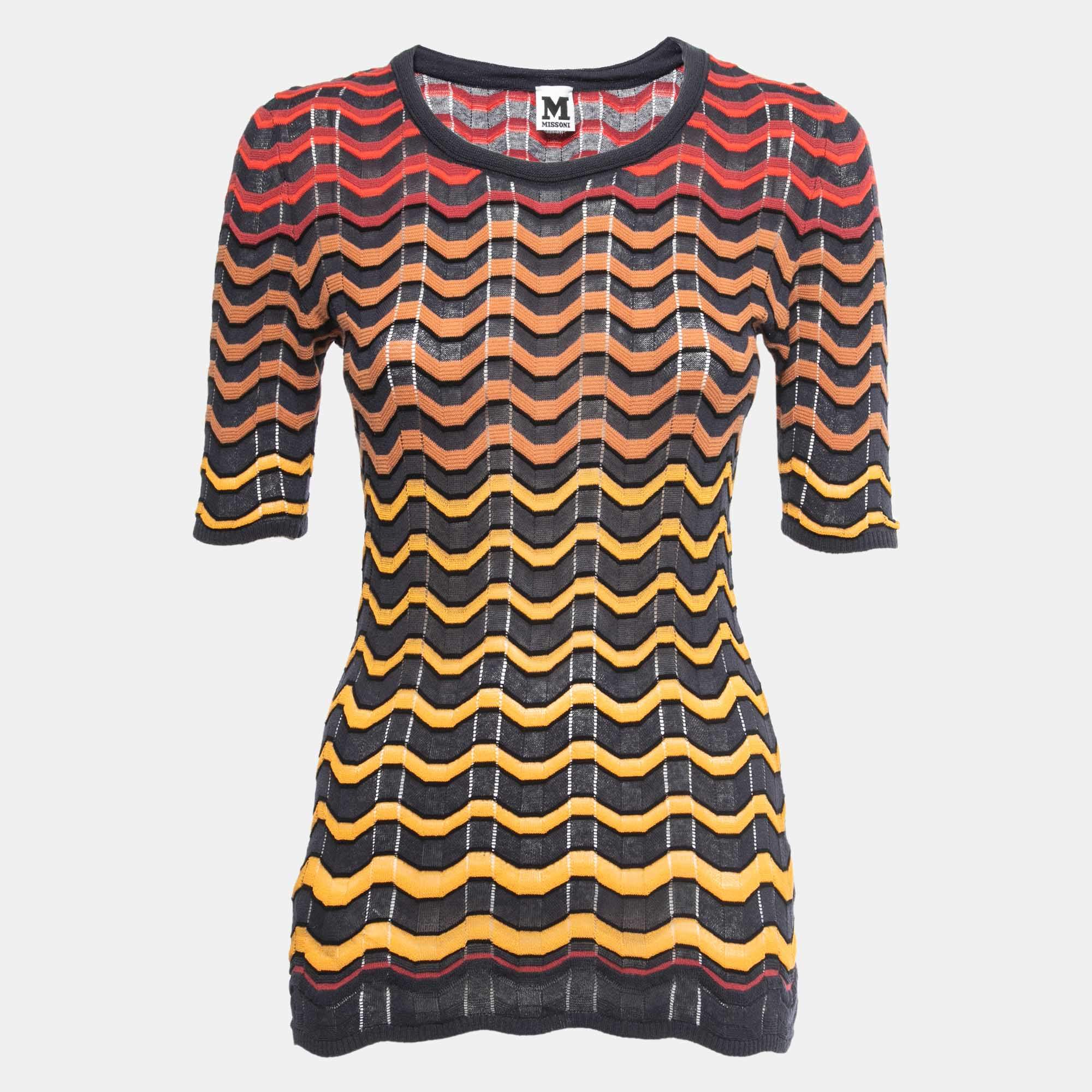 Pre Owned M Missoni Multicolor Patterned Knit Crew Neck Half Sleeve Top M