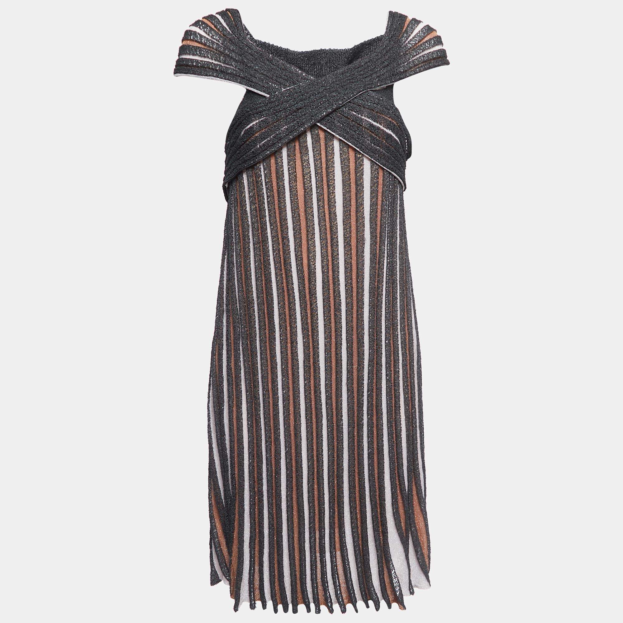 Pre Owned M Missoni Multicolor Striped Lurex Knit Draped Midi Dress L