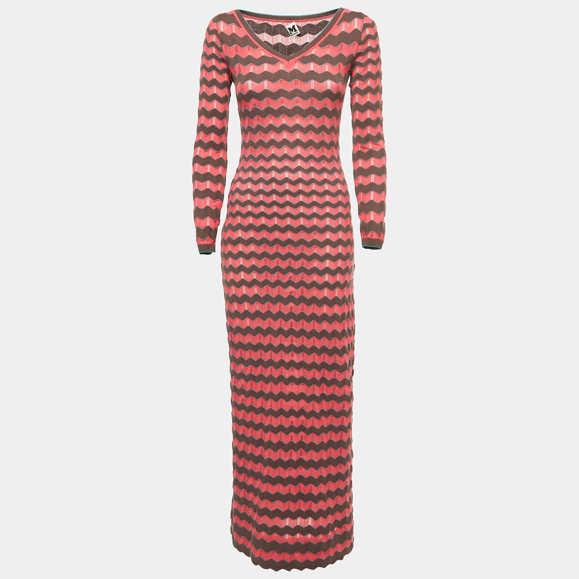 Pre Owned M Missoni Pink/Multicolor Patterned Knit Long Sleeve Maxi Dress S