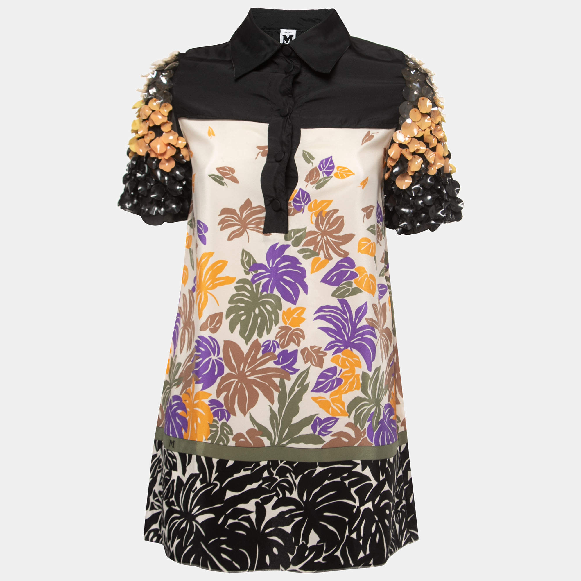 مملوكة مسبقًا M Missoni Multicolor Floral Print Silk Embellished Sleeve Detail Mini Shirt Dress S