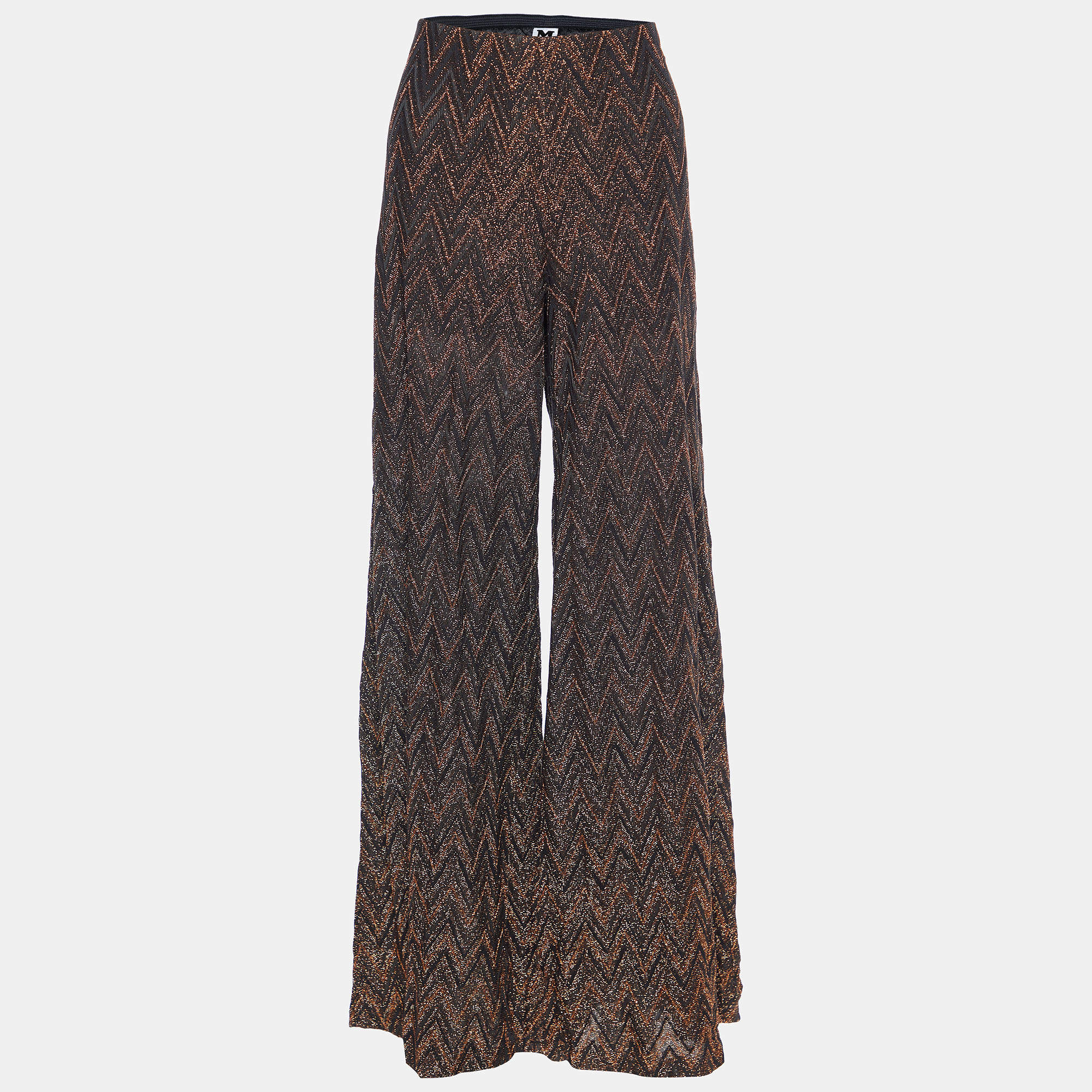 Pre Owned M Missoni Brown Lurex Knit Chevron Pattern Palazzo Pants M