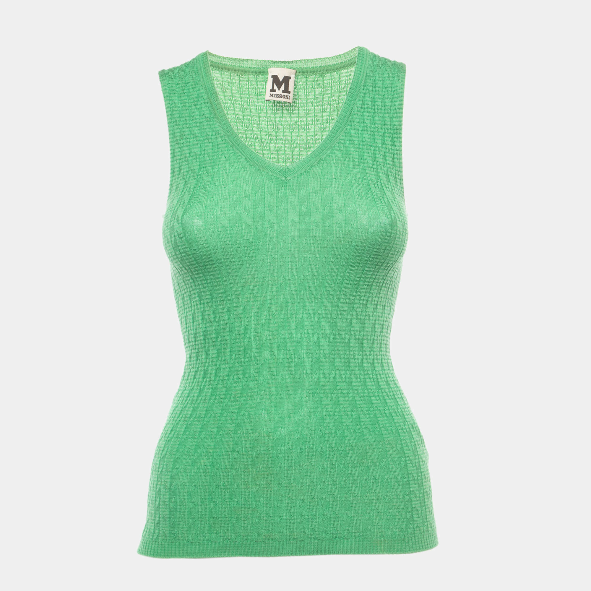 مملوكة مسبقًا M Missoni Green Patterned Knit V-Neck Top S