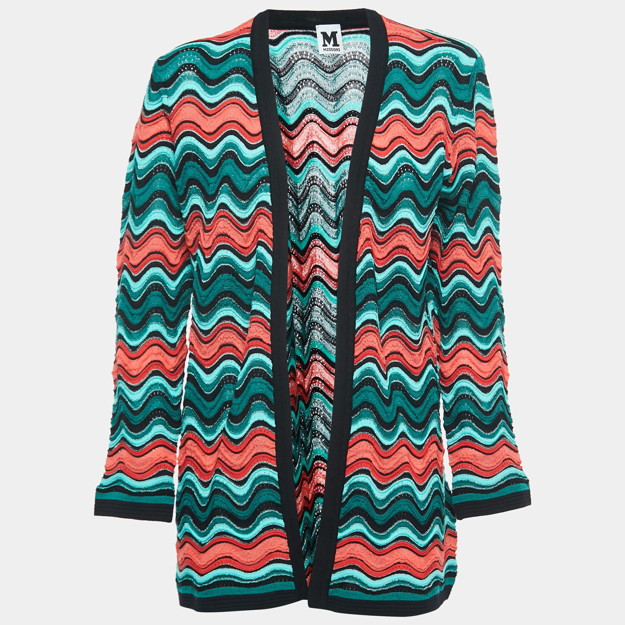 M Missoni Multicolor Patterned Lurex Knit Open Front Cardigan L