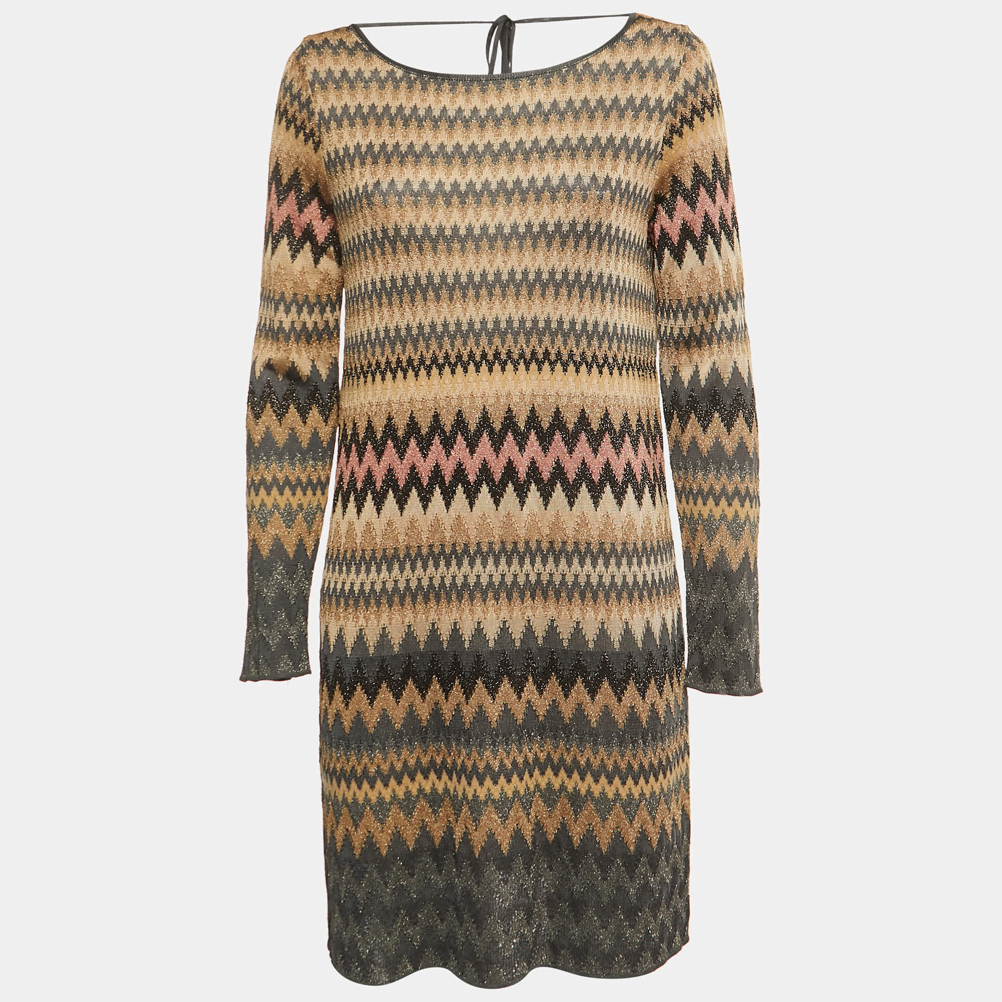 Pre Owned M Missoni Multicolor Chevron Lurex Knit Deep Neck Detailed Mini Dress M