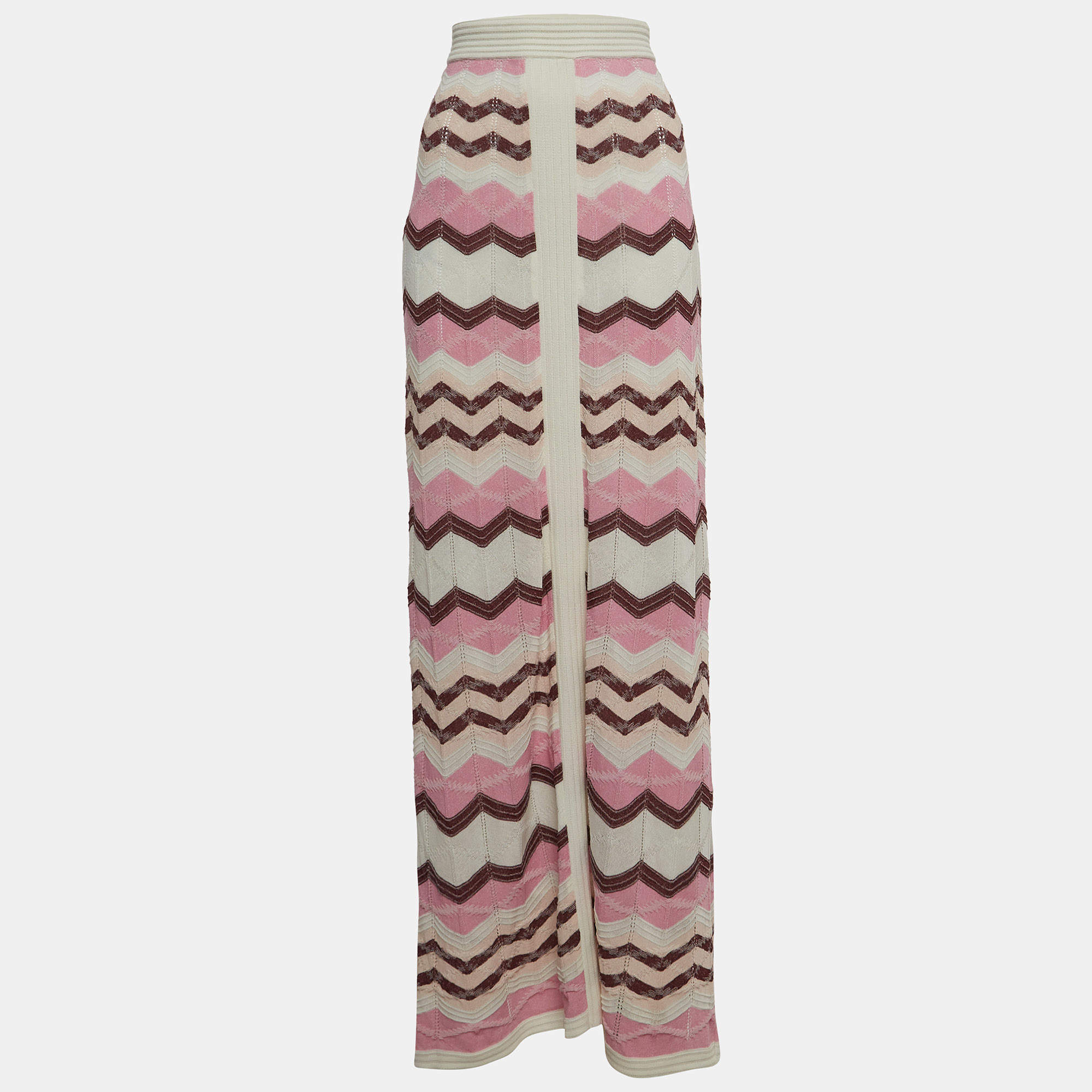 Pre Owned M Missoni Pink Chevron Patterned Knit Maxi Skirt M