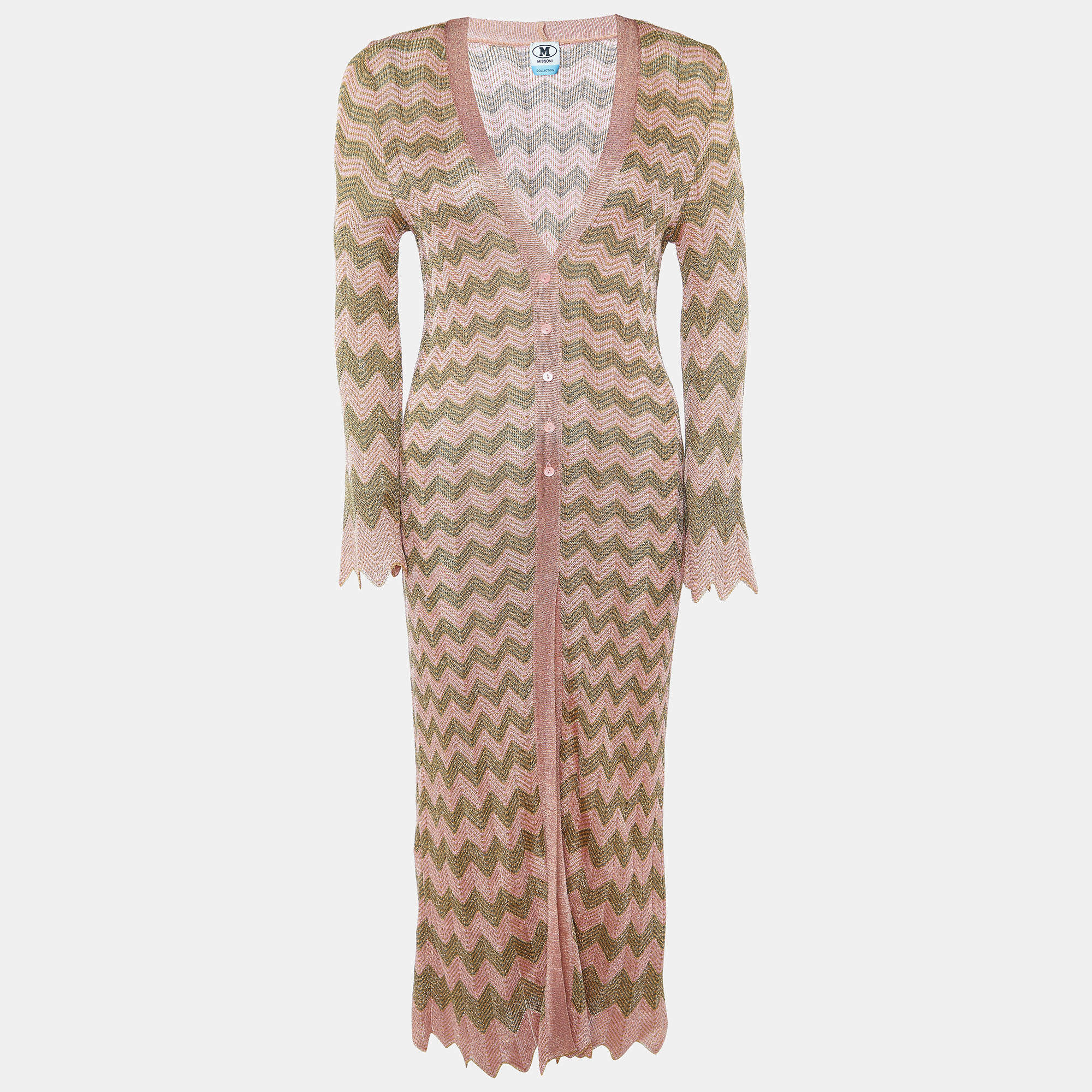 Pre Owned M Missoni Pink/Gold Patterned Lurex Knit Long Cardigan S