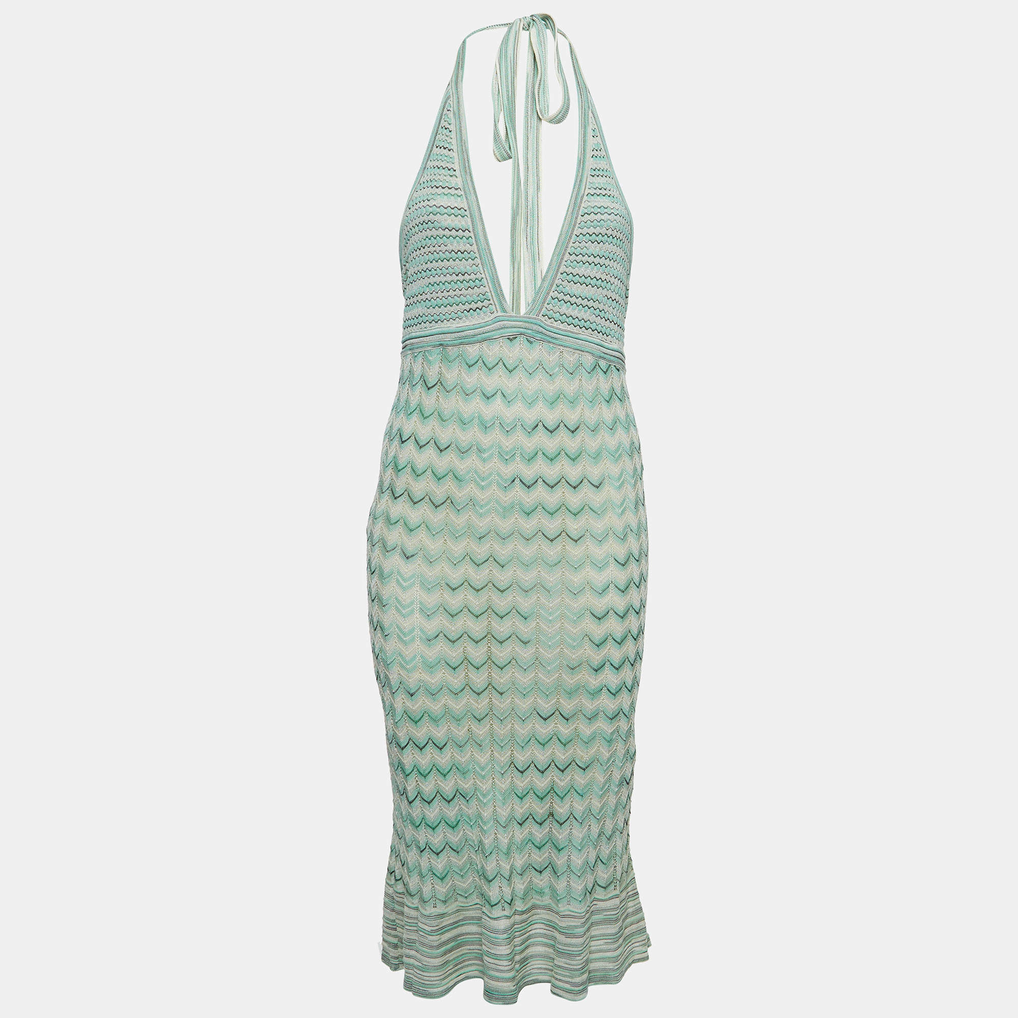 Pre Owned M Missoni Green Chevron Pattern Knit Tie-Up Neck Midi Dress L