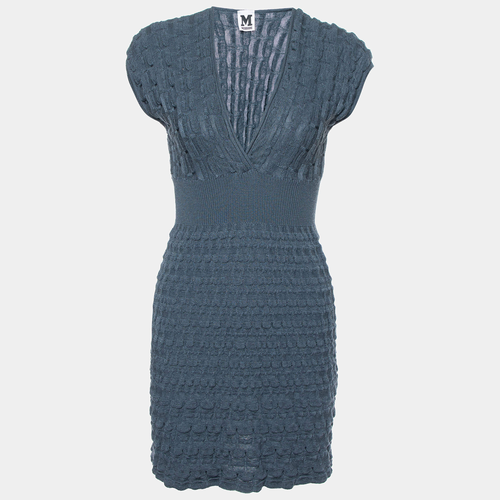 Pre Owned M Missoni Slate Blue Wool Textured Knit V-Neck Dress M