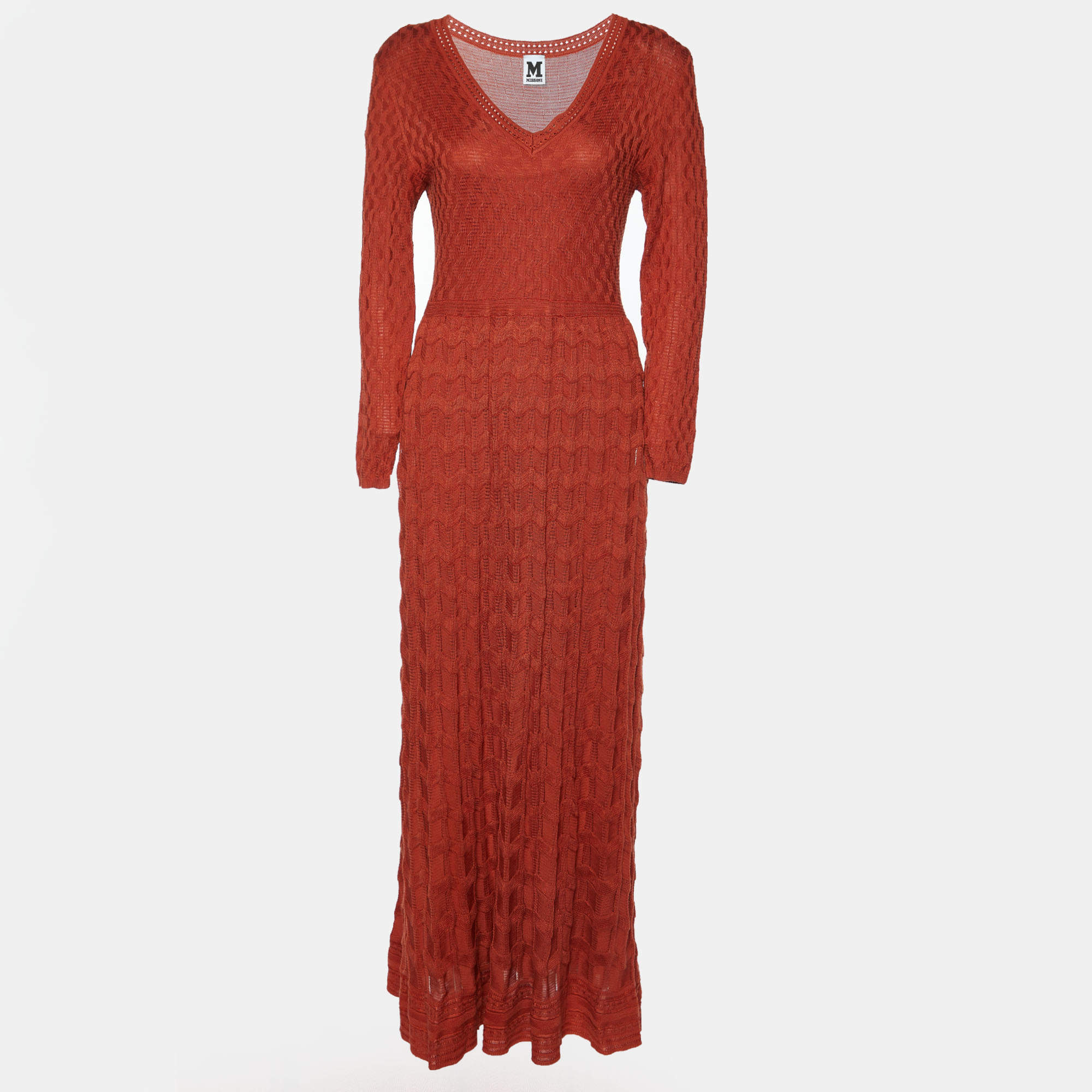 Pre Owned M Missoni Brick Red Textured Knit Long Sleeve Maxi Dress L