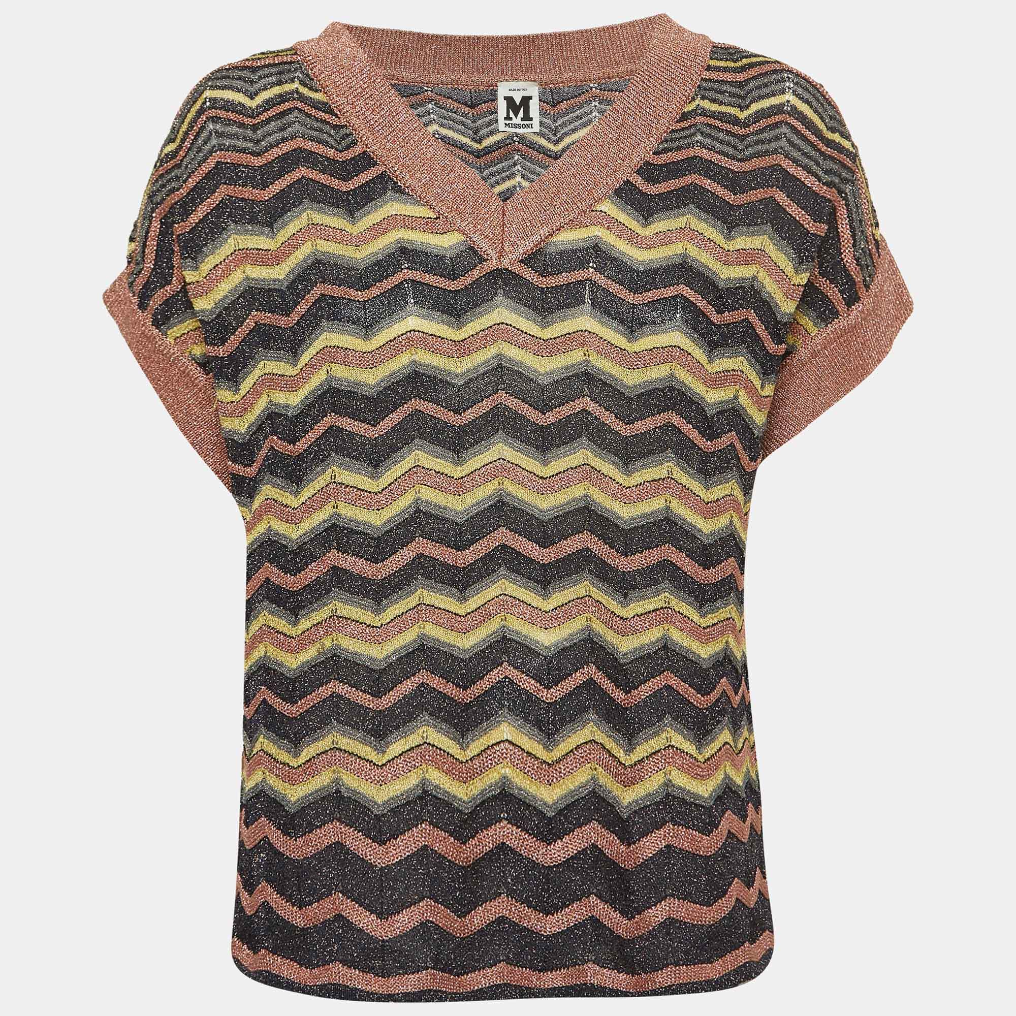 Pre Owned M Missoni Multicolor Chevron Knitted V-Neck Top S