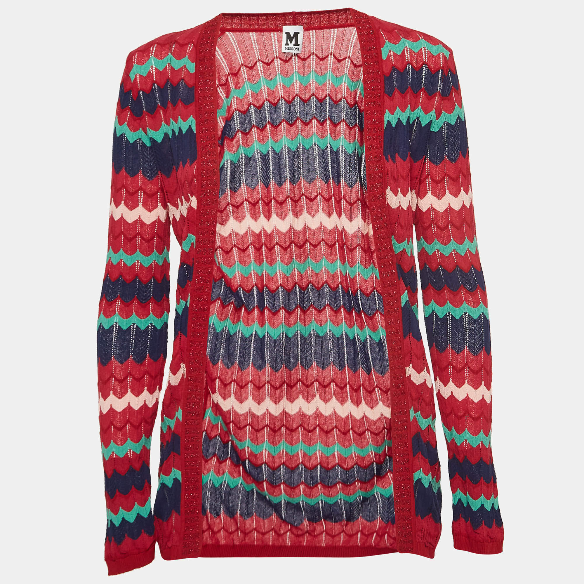 Pre Owned M Missoni Pink/Blue Chevron Pattern Knit Open Front Cardigan S