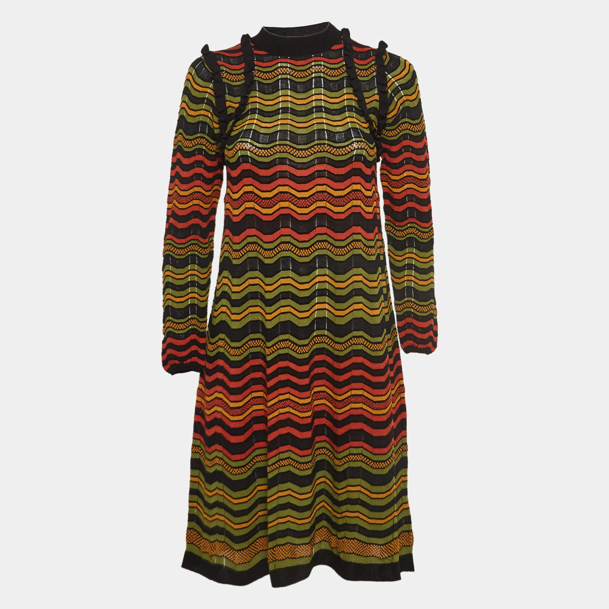 M Missoni Multicolor Chevron Perforated Knit Ruffle Detail Midi Dress S