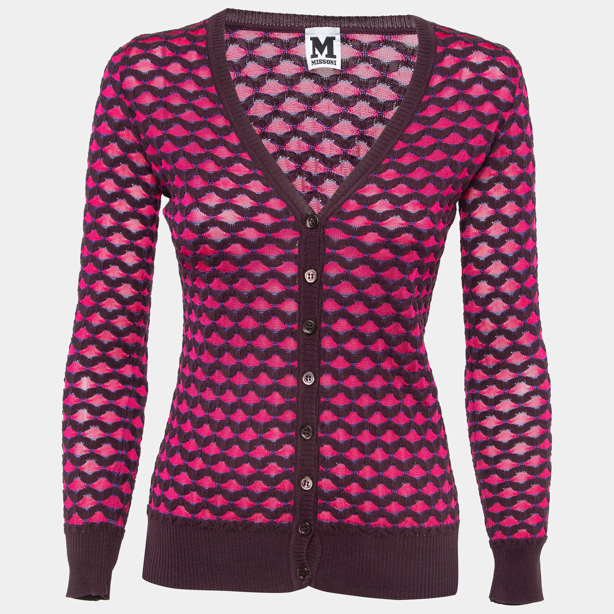 مملوكة مسبقًا M Missoni Pink Chevron Pattern Knitted Buttoned Cardigan S