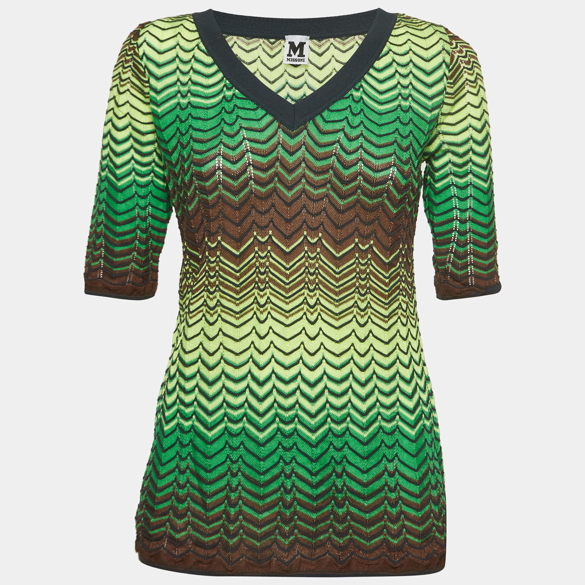 Pre Owned M Missoni Green Chevron Pattern Knit V-Neck Top L