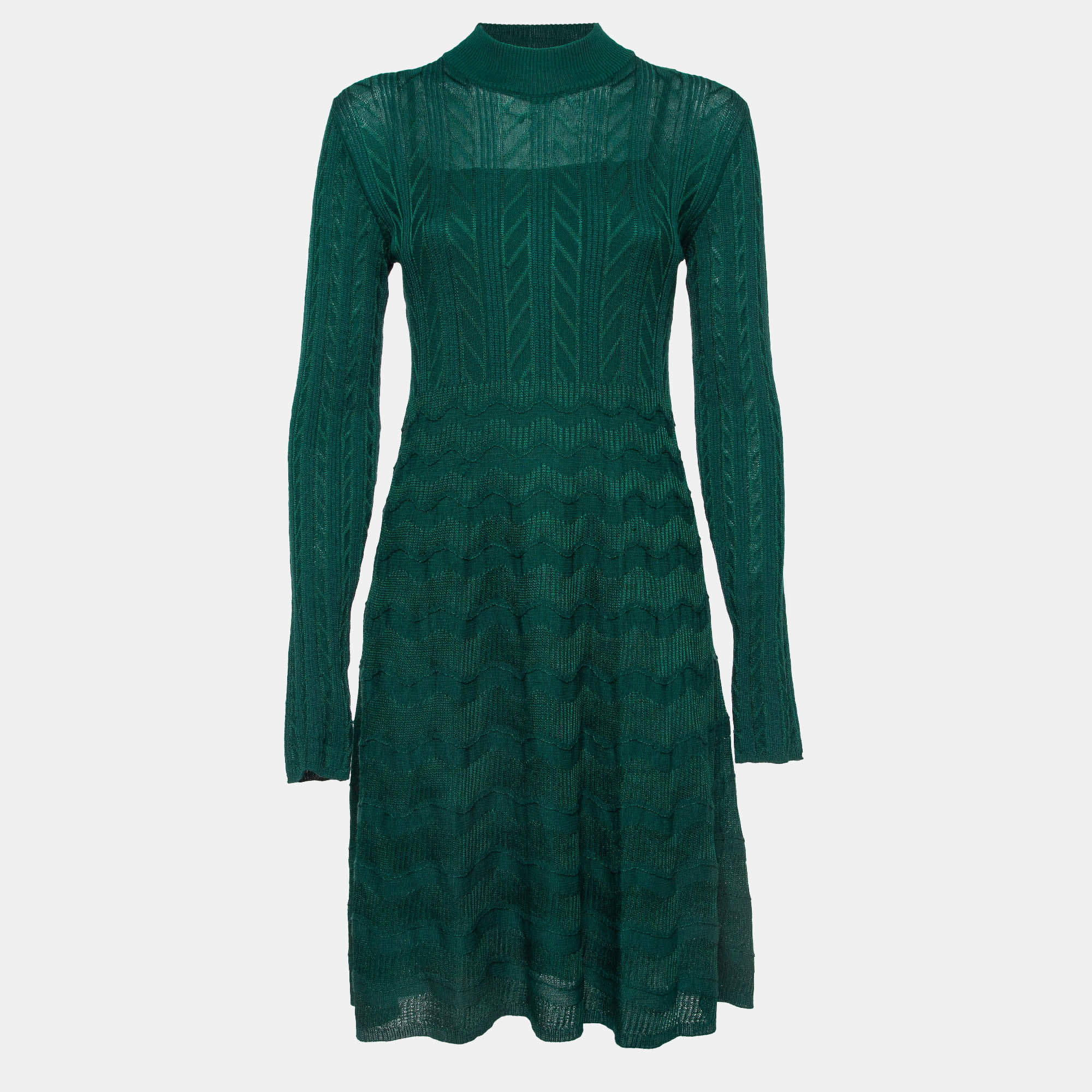 Pre Owned M Missoni Green Cable Knit Mock Neck Short Dress M