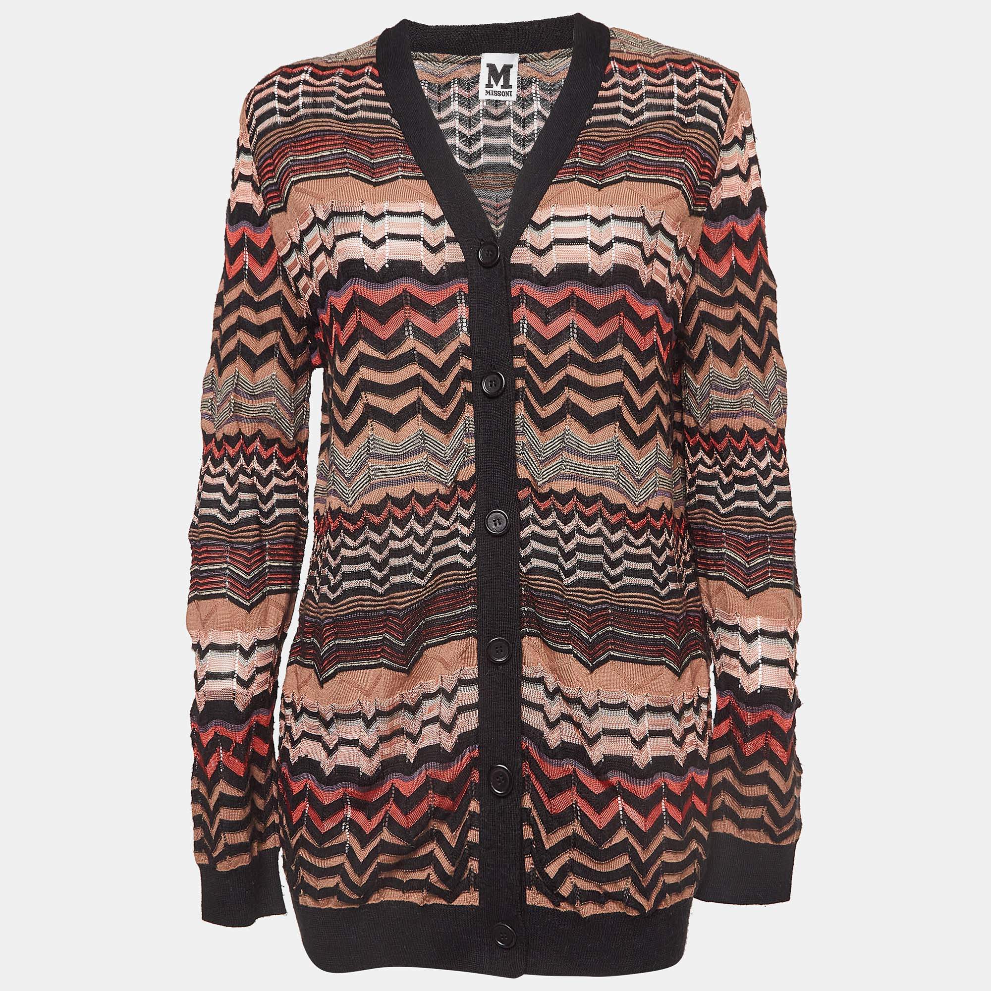 Pre Owned M Missoni Multicolor Chevron Pattern Perforated Knit Long Cardigan L