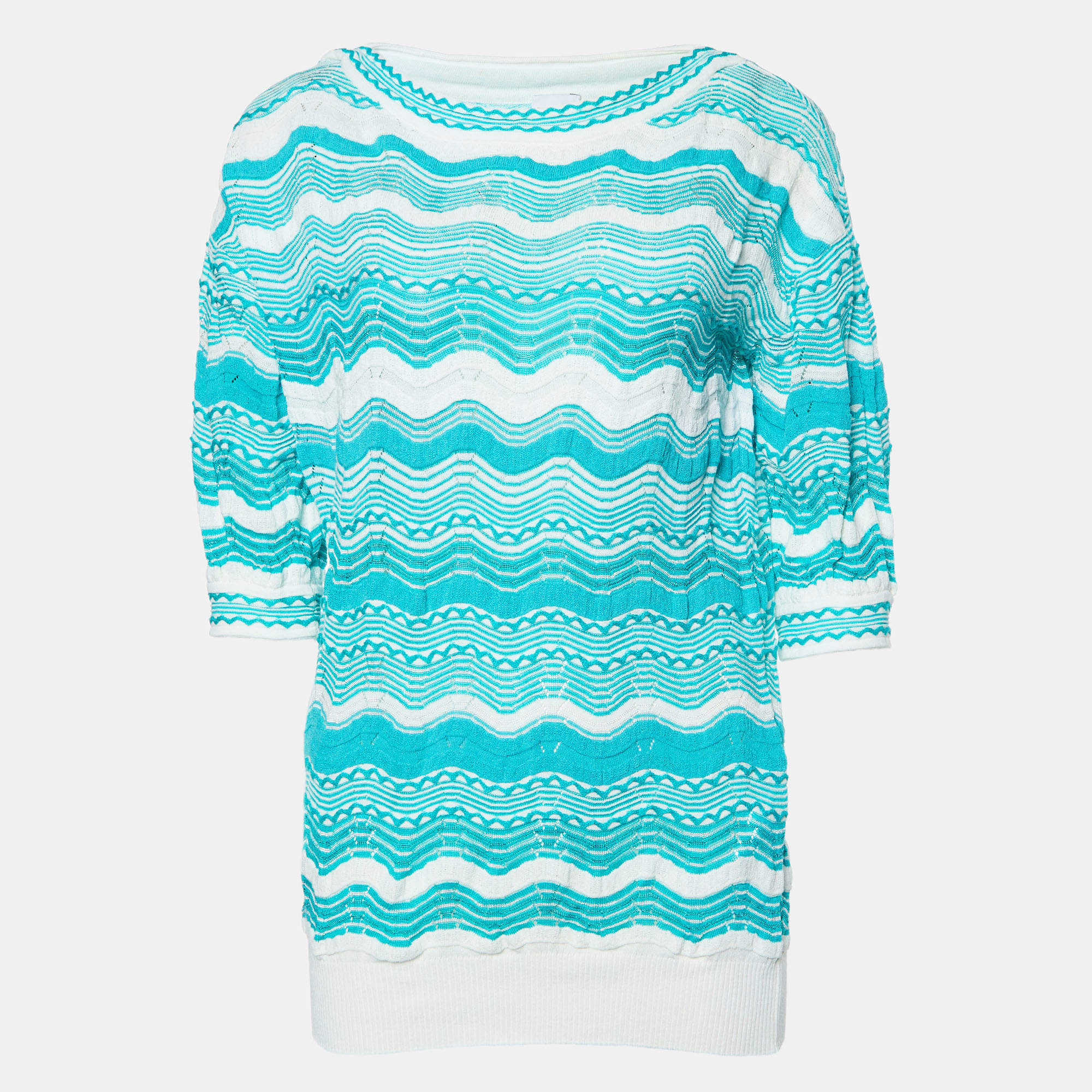 Pre Owned M Missoni White/Blue Wavy Textured Knit Jumper M