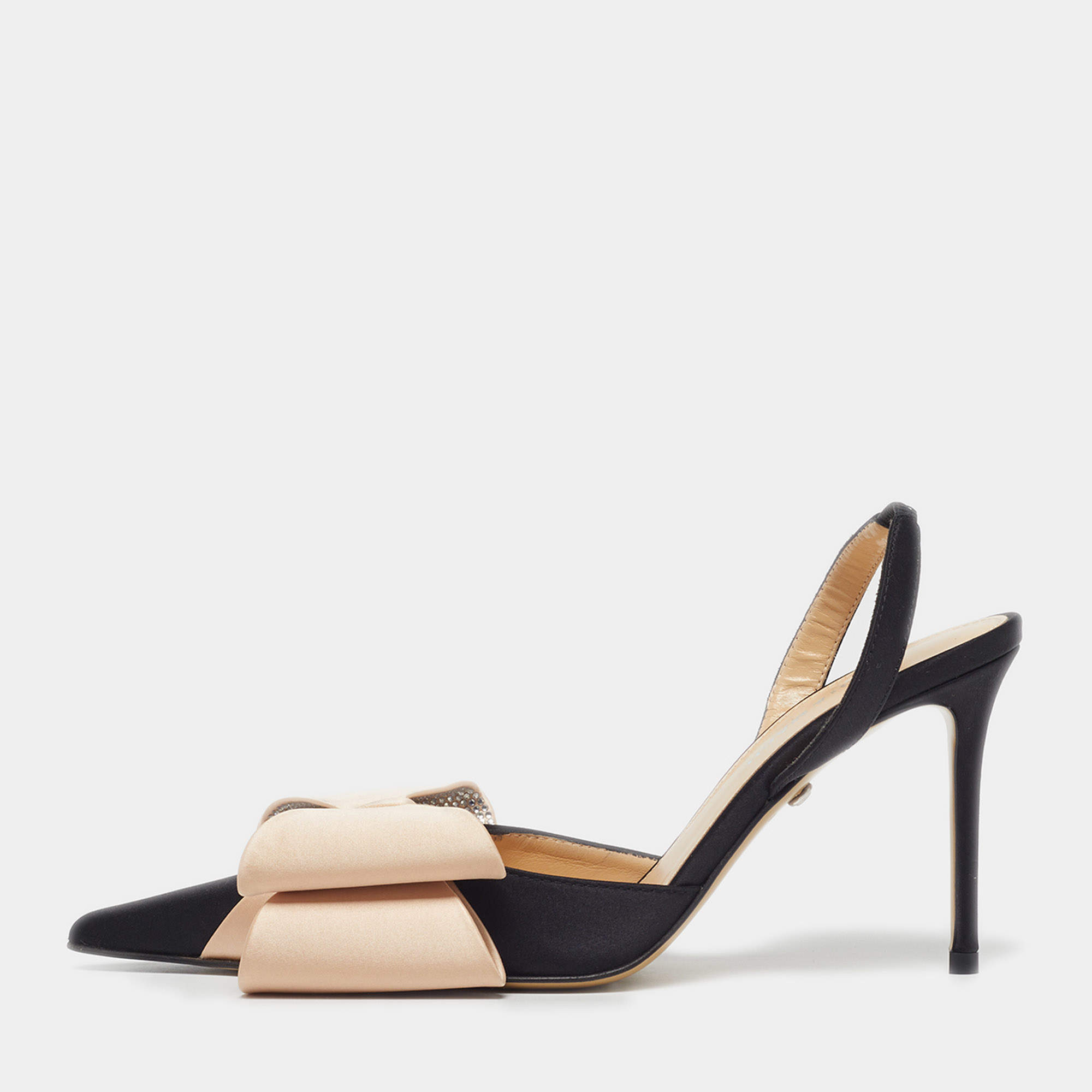 مملوكة مسبقًا Mach & Mach Double Bow Size 36 Black/Beige Satin Slingback Pumps
