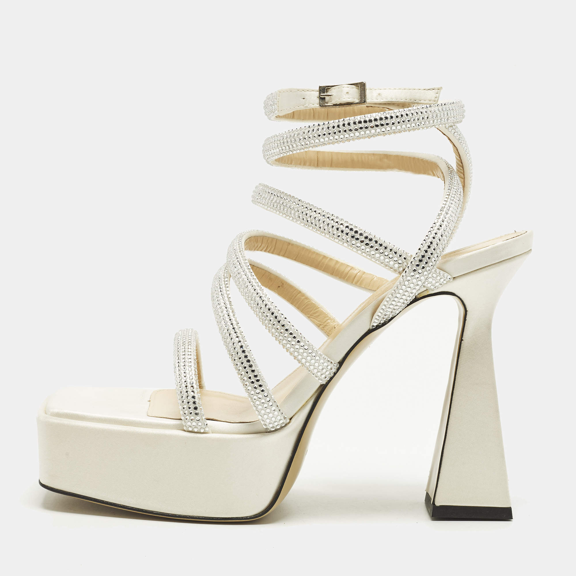 Pre Owned Mach & Mach Sydney Size 40 Cream/Silver Satin Platform Ankle Strap Sandals