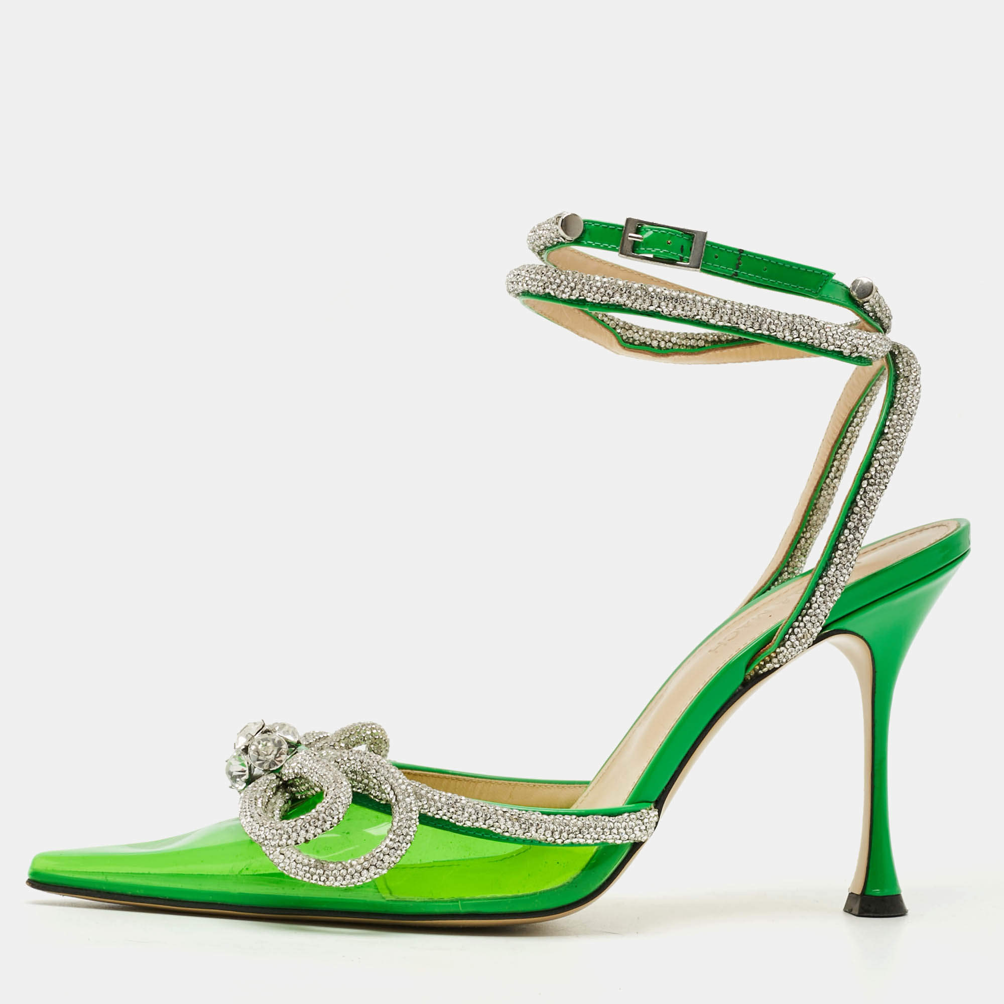 Pre Owned Mach & Mach Double Bow Size 40 Green Patent Leather and PVC Crystal Embellished Pumps