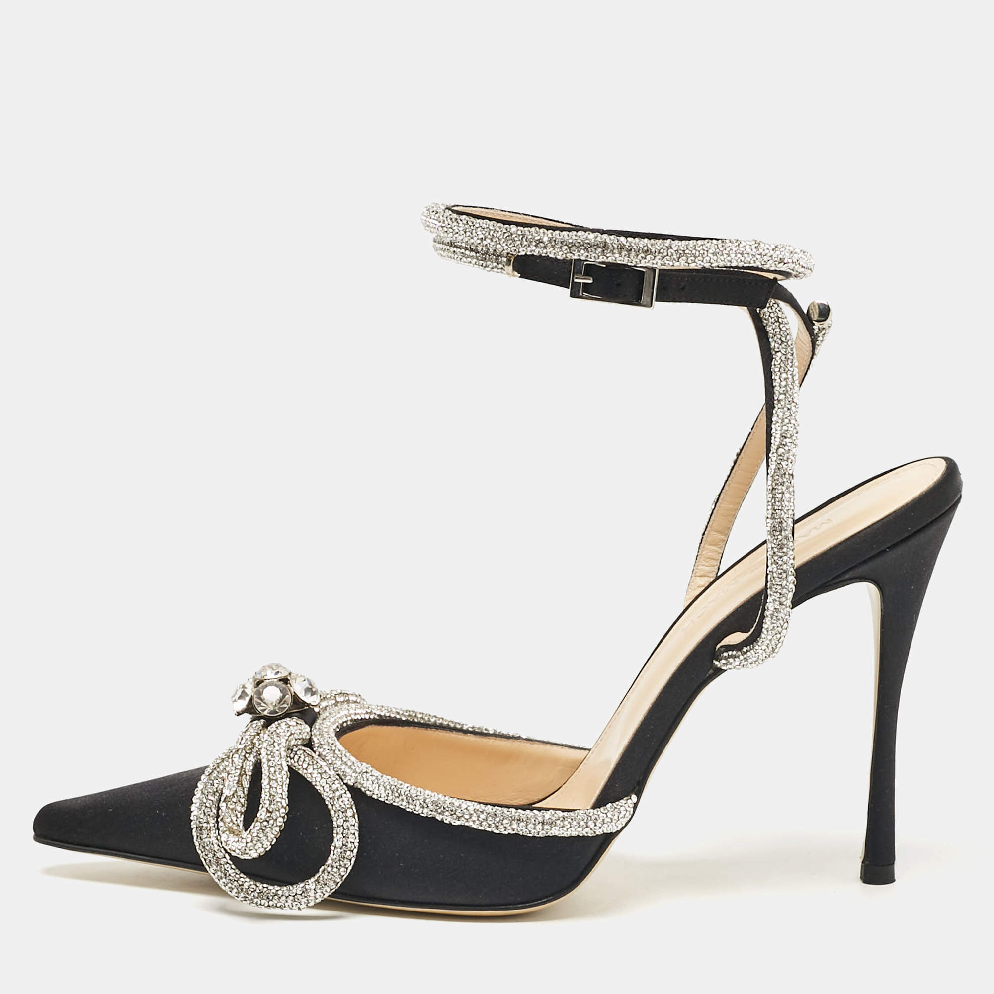 Pre Owned Mach & Mach Black Satin Embellished Double Bow Ankle Strap Pumps Size 40