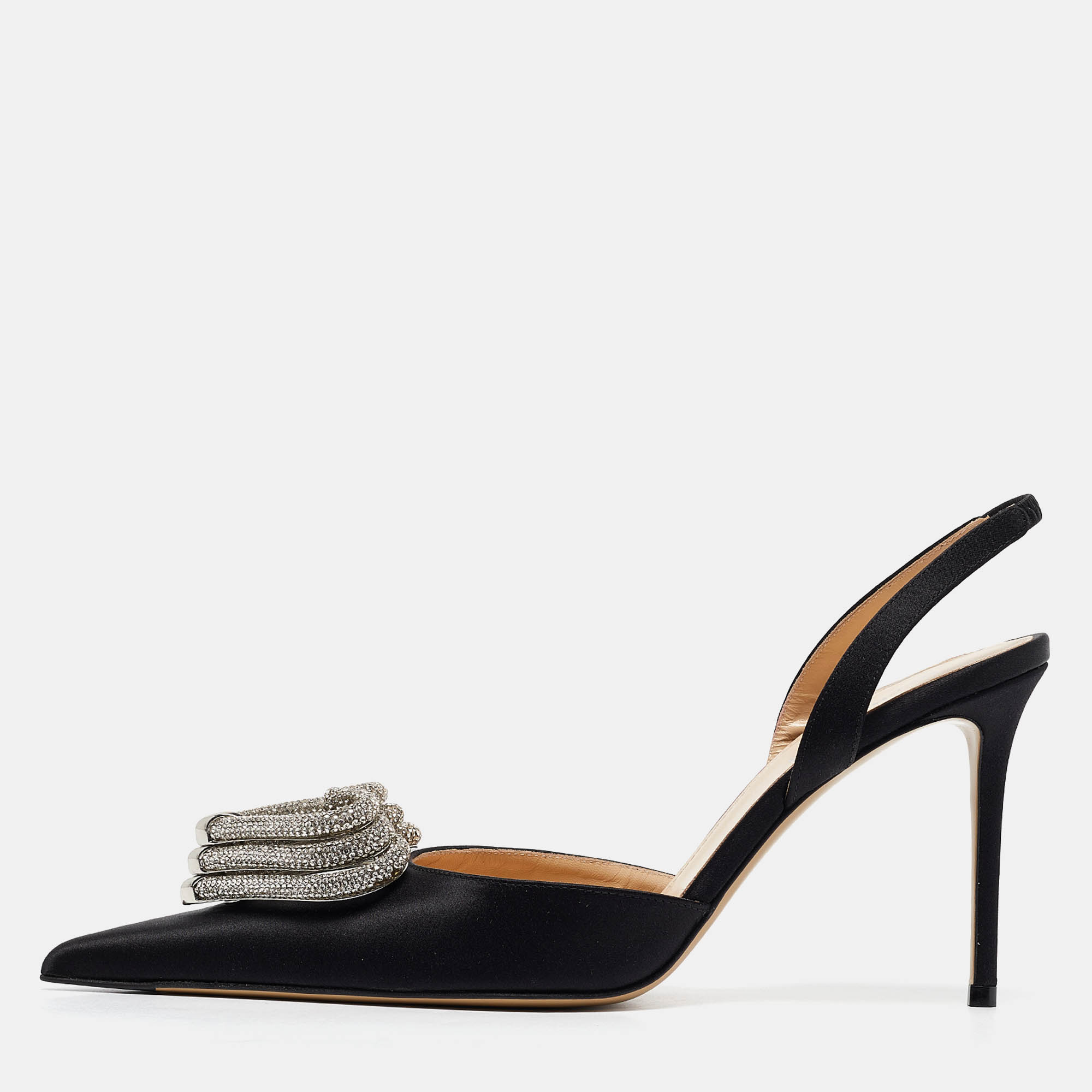 Pre Owned Mach & Mach Black Satin Triple Heart Slingback Pumps Size 41