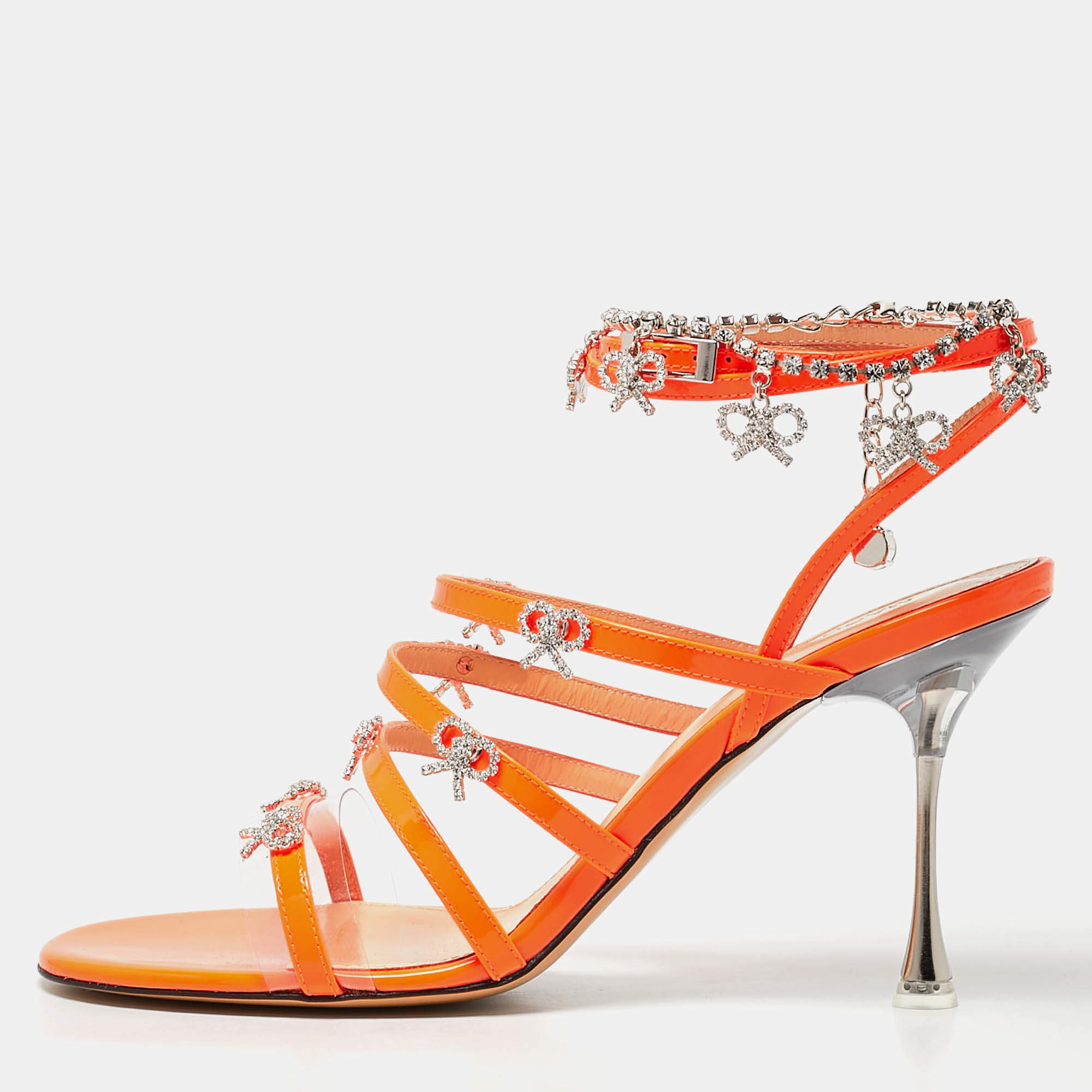 Mach & Mach Neon Orange Patent Leather Crystal Bow Camille Sandals Size 38