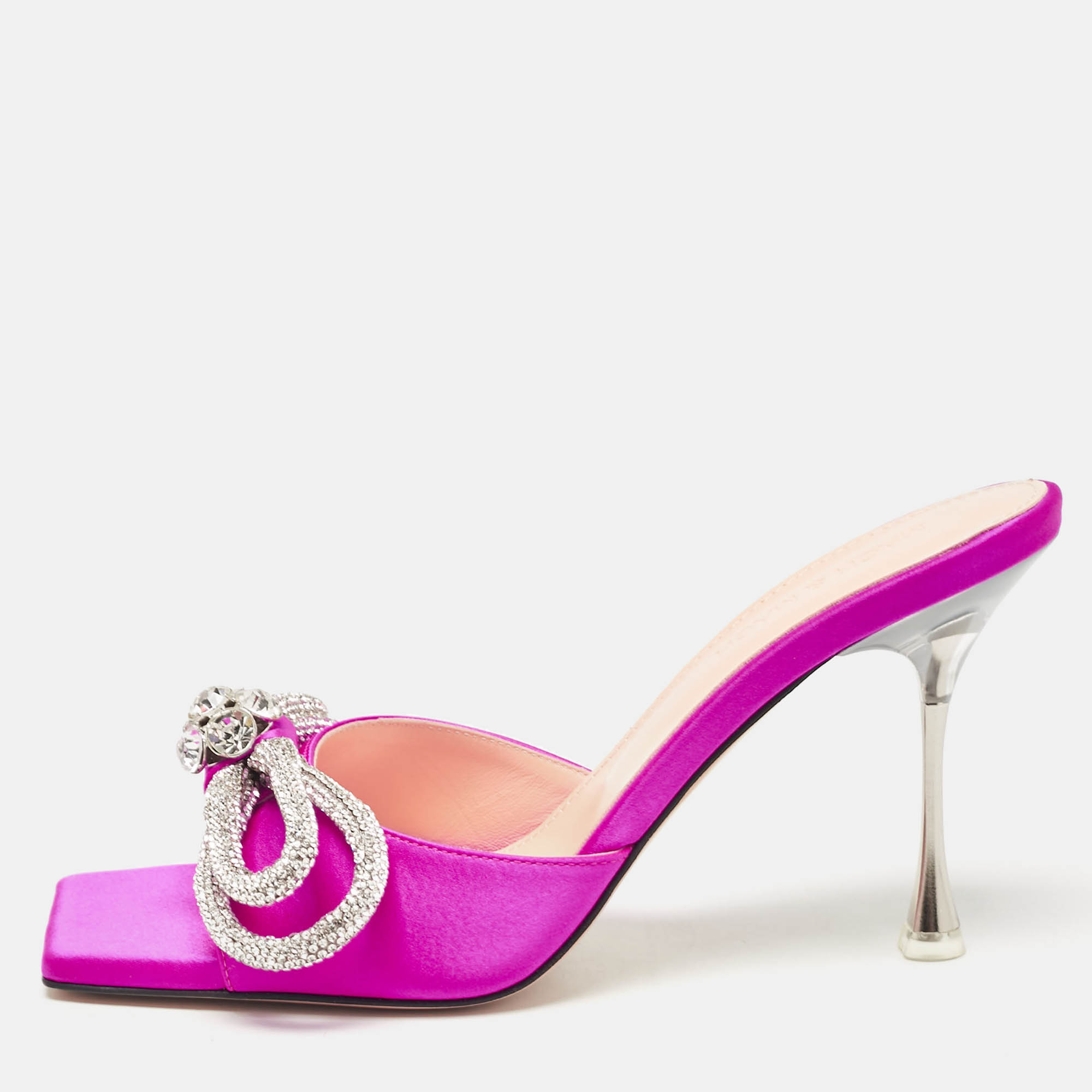 Pre Owned Mach & Mach Pink Satin Double Bow Crystal Embellished Slip Sandals Size 38