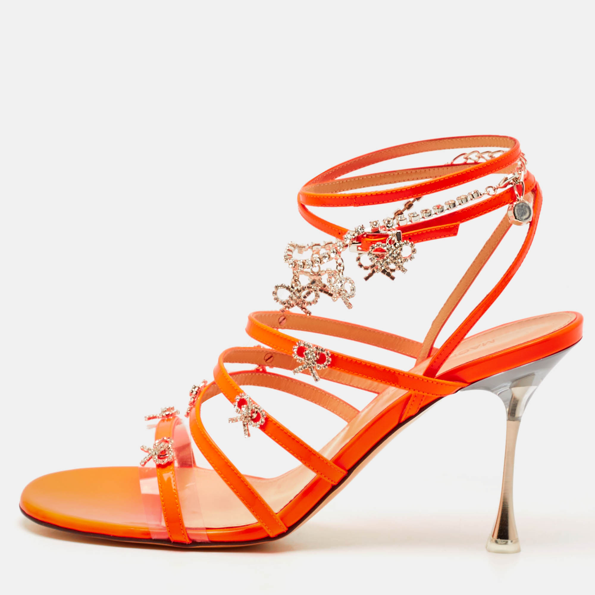 Pre Owned Mach & Mach Neon Orange Patent Leather Crystal Bow Camille Sandals Size 39