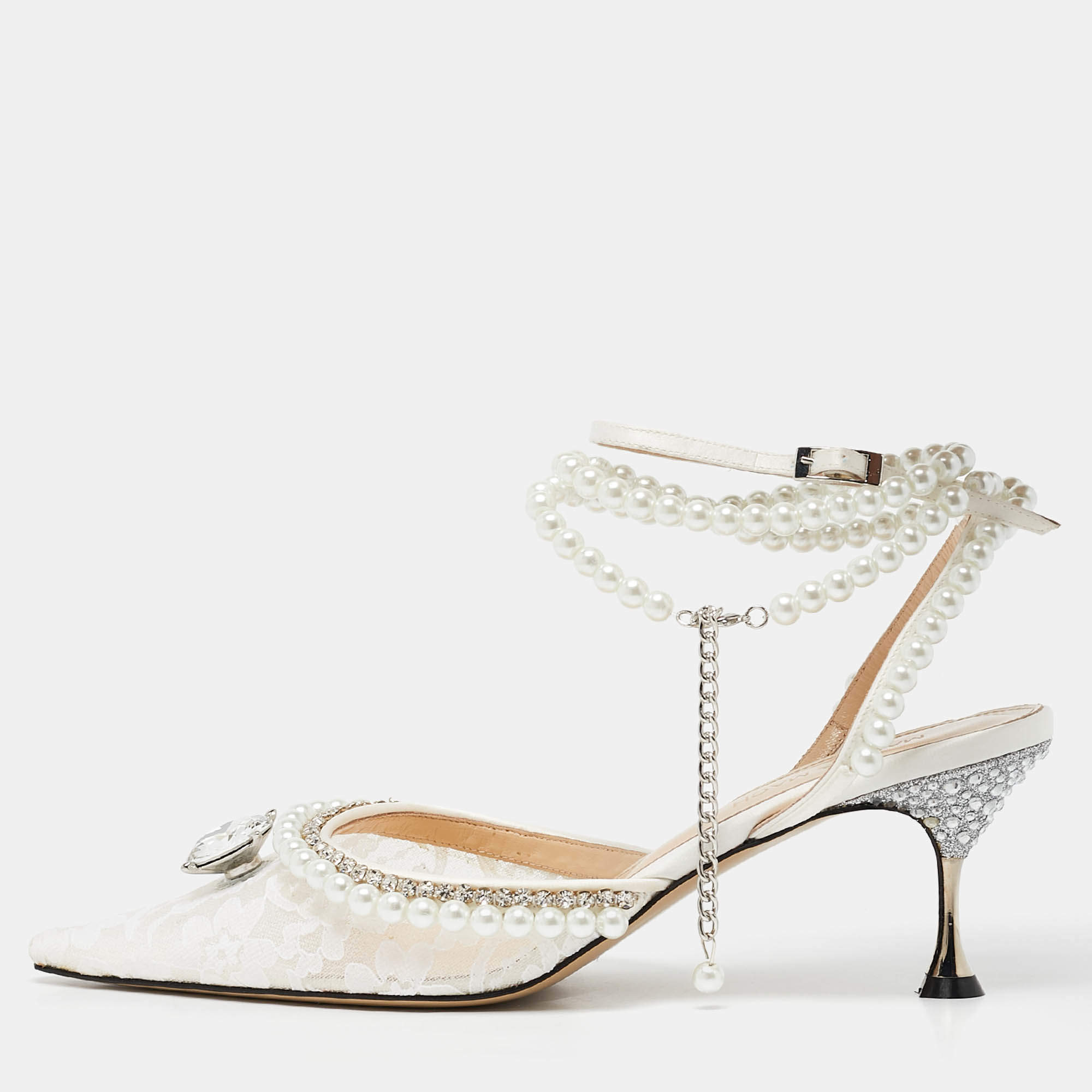 Pre Owned Mach & Mach White Lace Diamond of Elizabeth Ankle Wrap Pumps Size 39