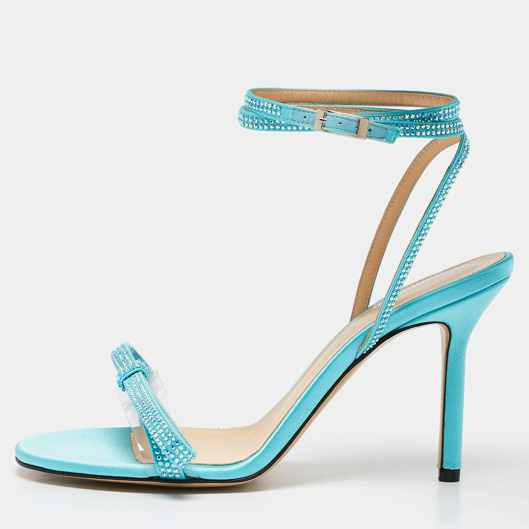 Pre Owned Mach & Mach Blue Satin and PVC French Bow Sandals Size 37.5