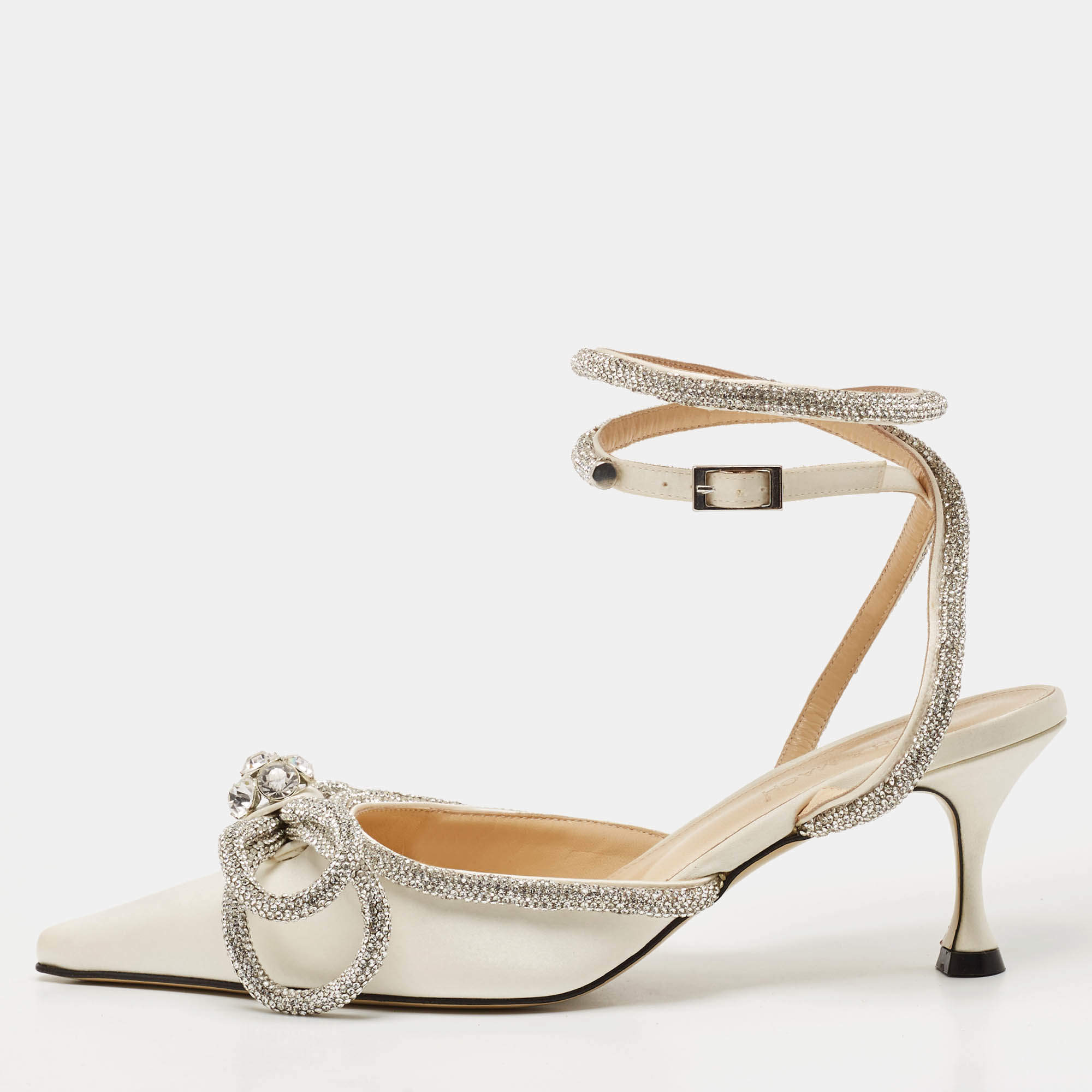 Pre Owned Mach & Mach White Satin Crystal Embellished Double Bow Pumps Size 37
