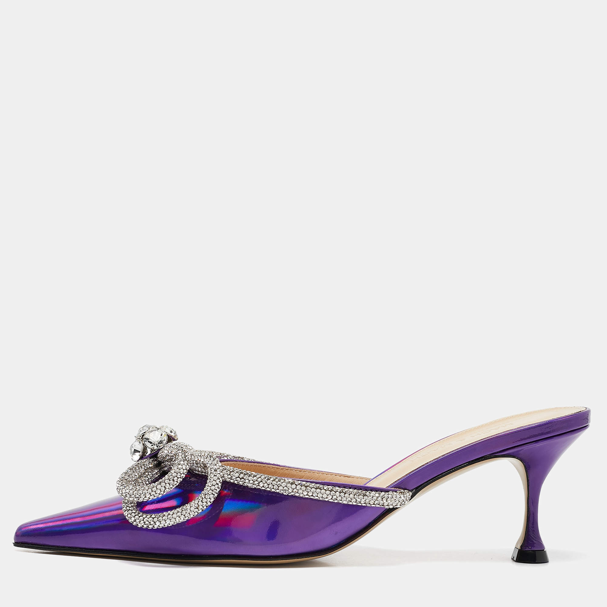 Mach & Mach Purple Iridescent Leather Crystal Embellished Double Bow Mules Size 37