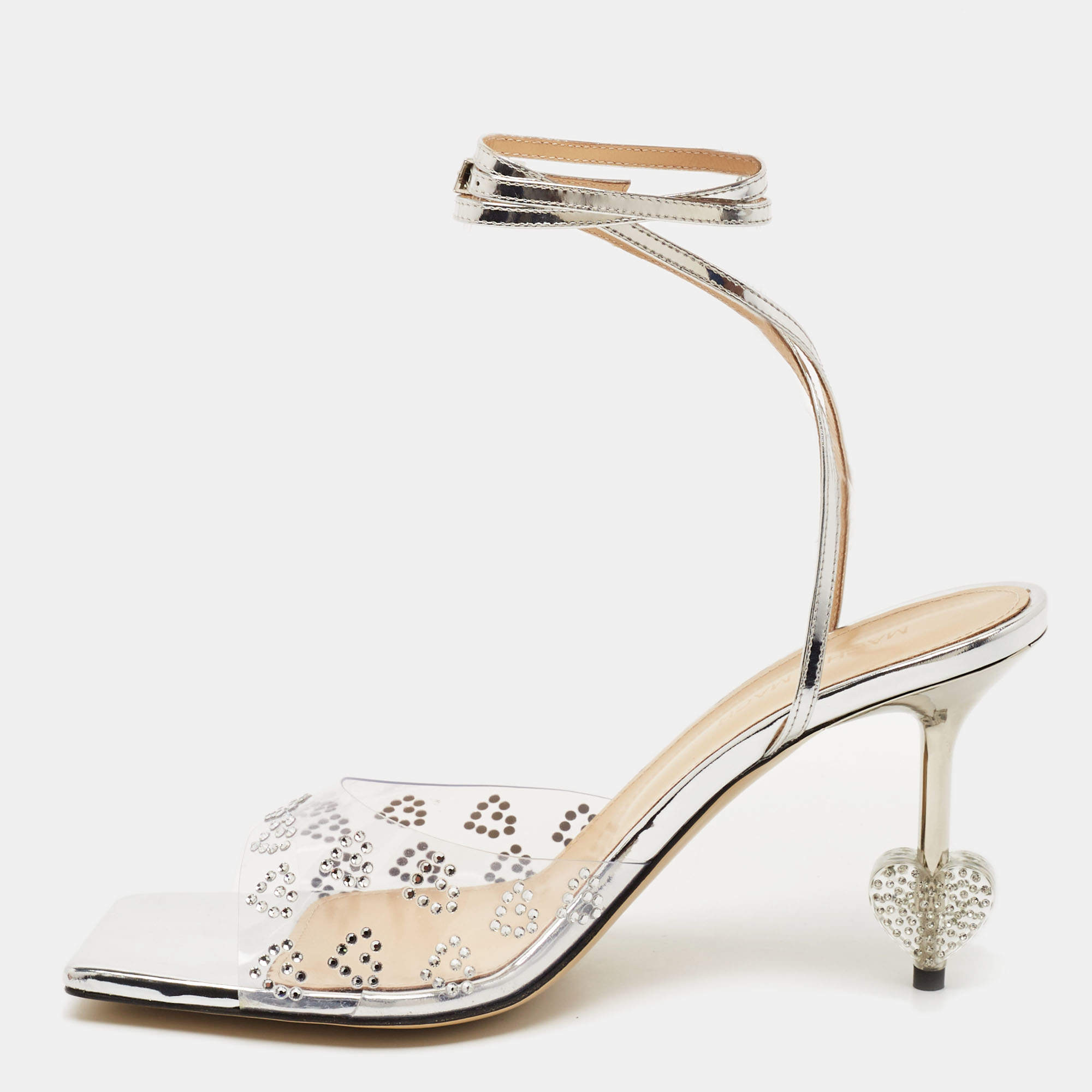 Mach & Mach Transparent PVC Crystal Embellished Hearts Ankle Strap Sandals Size 39.5