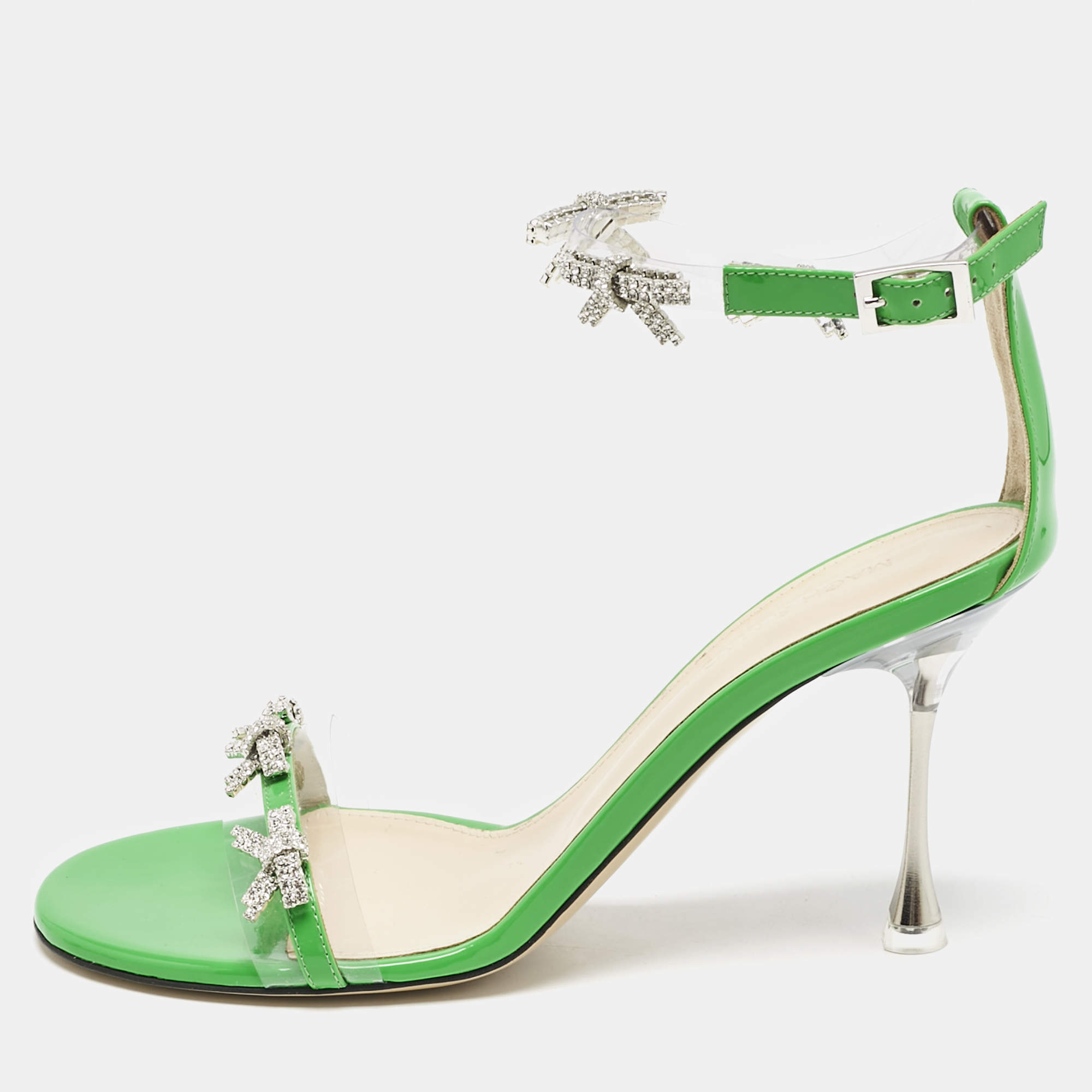 Pre Owned Mach & Mach Green Patent Leather and PVC Floating Crystal Bow Sandals Size 38
