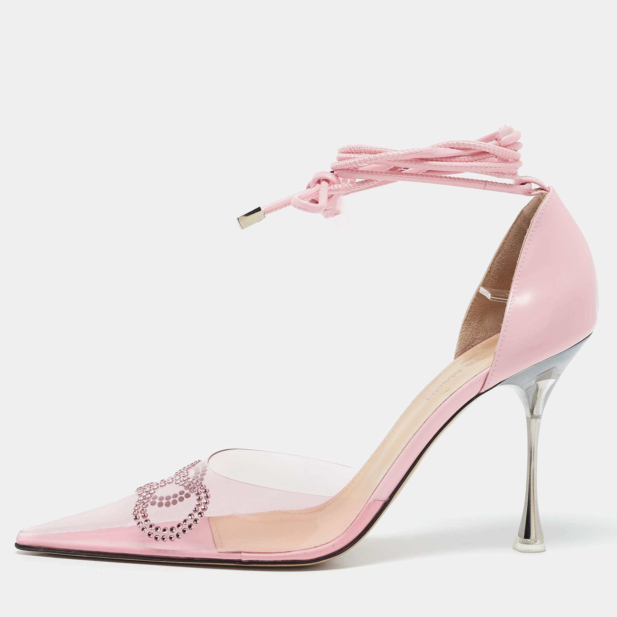 Mach & Mach Pink Leather and PVC Crystal Embellished Bow Ankle Wrap Sandals Size 40