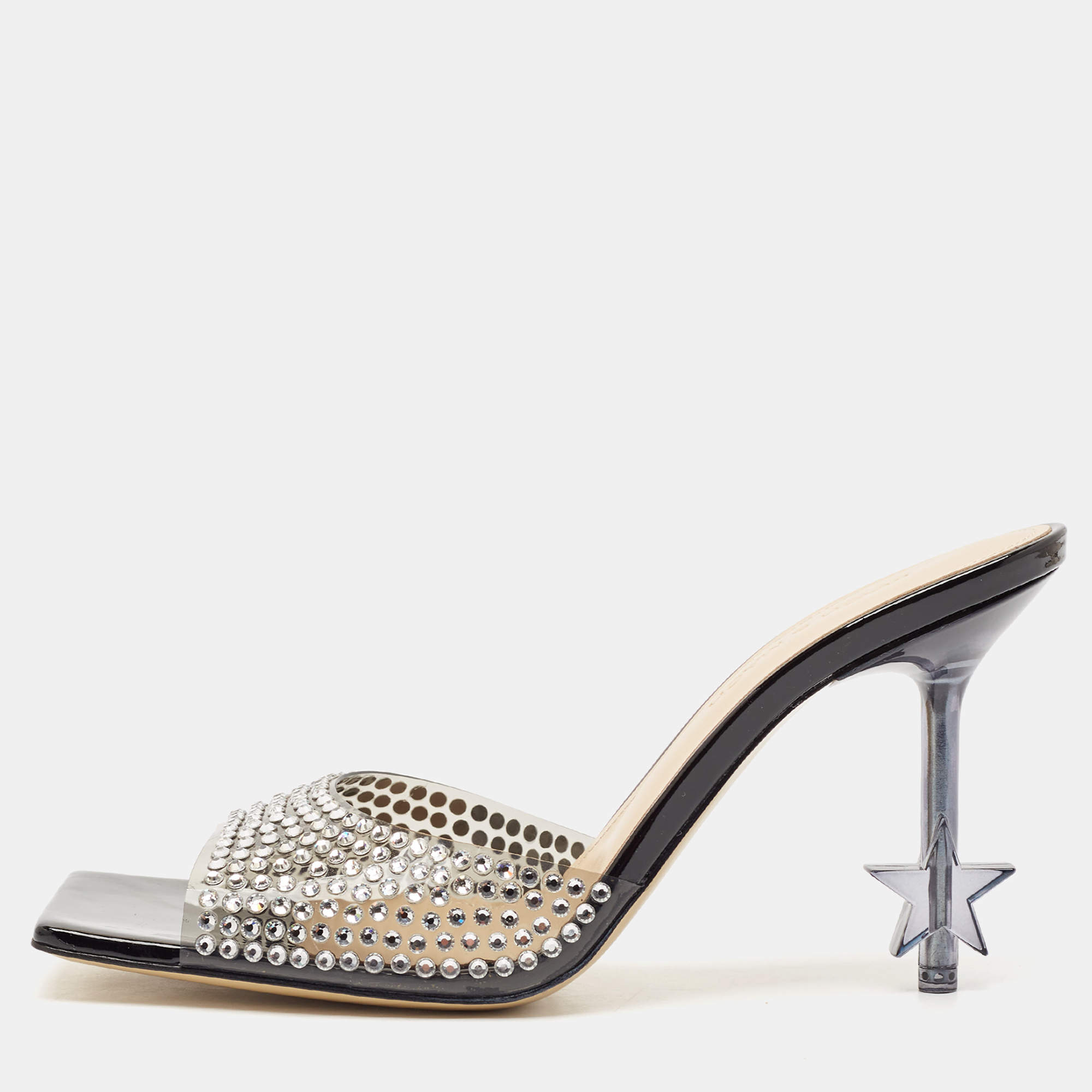 Mach & Mach Black PVC Crystal Embellished Star Slide Sandals Size 38